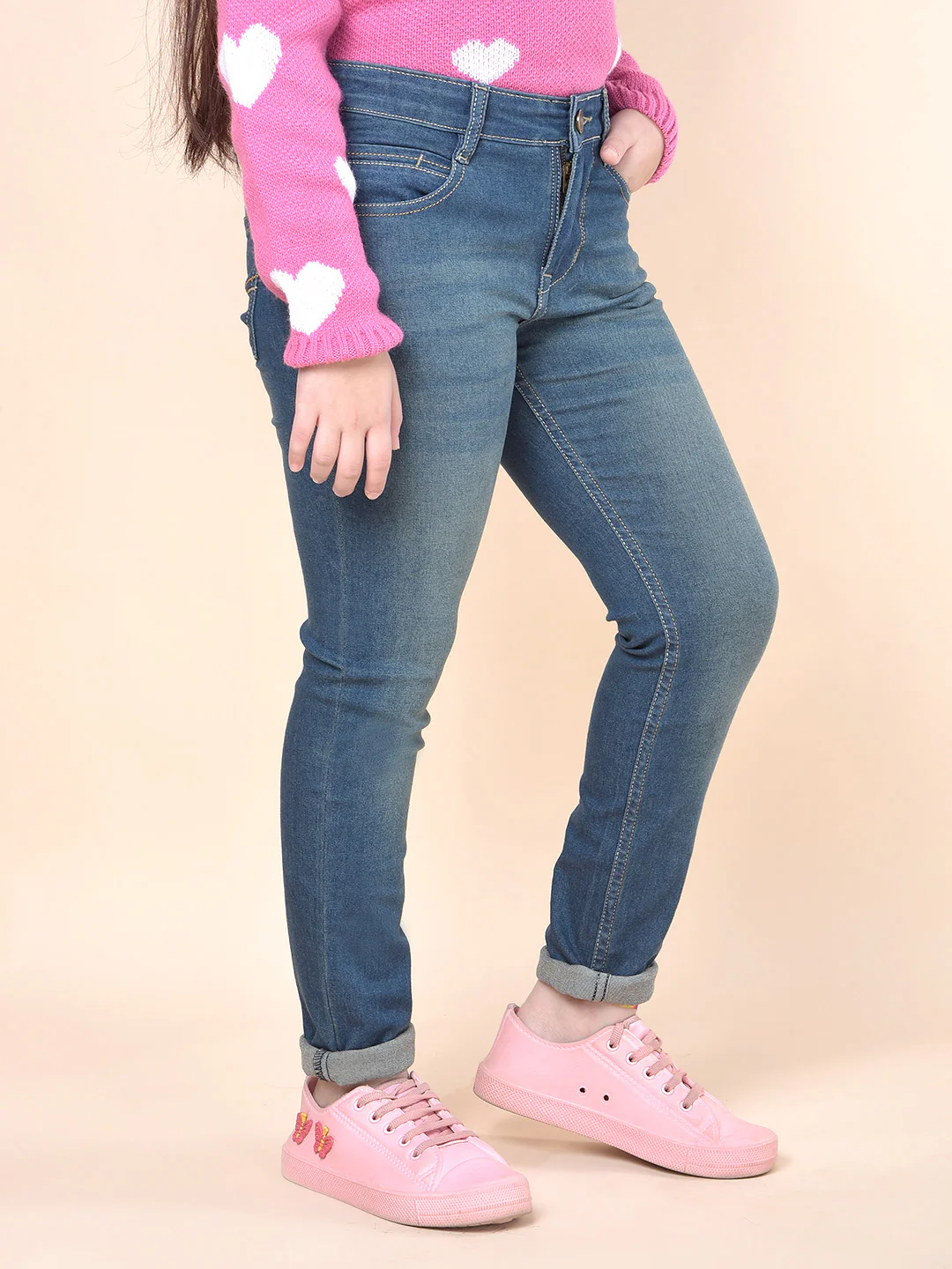 Casual Denim for Girls | Breathable & Soft with Color Fastness Regular Fit Cotton Blend Fabric Button Closure Solid Pattern - Image 3