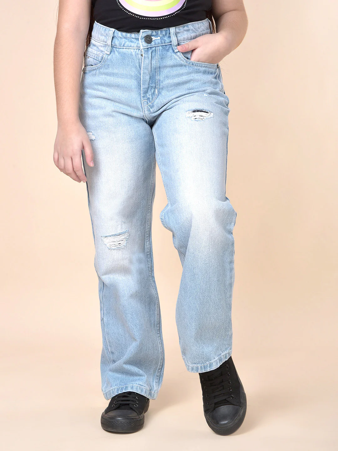 Casual Denim for Girls | Breathable & Soft with Color Fastness Regular Fit Cotton Fabric Button Closure Solid Pattern - Image 3