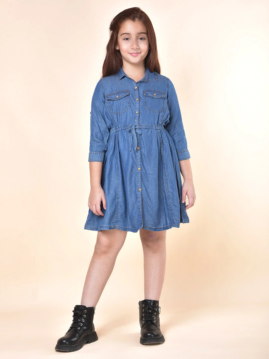 Casual Dress for Girls | Breathable & Soft with Color Fastness Regular Fit Spread Collar Cotton Fabric Solid Pattern - Image 2