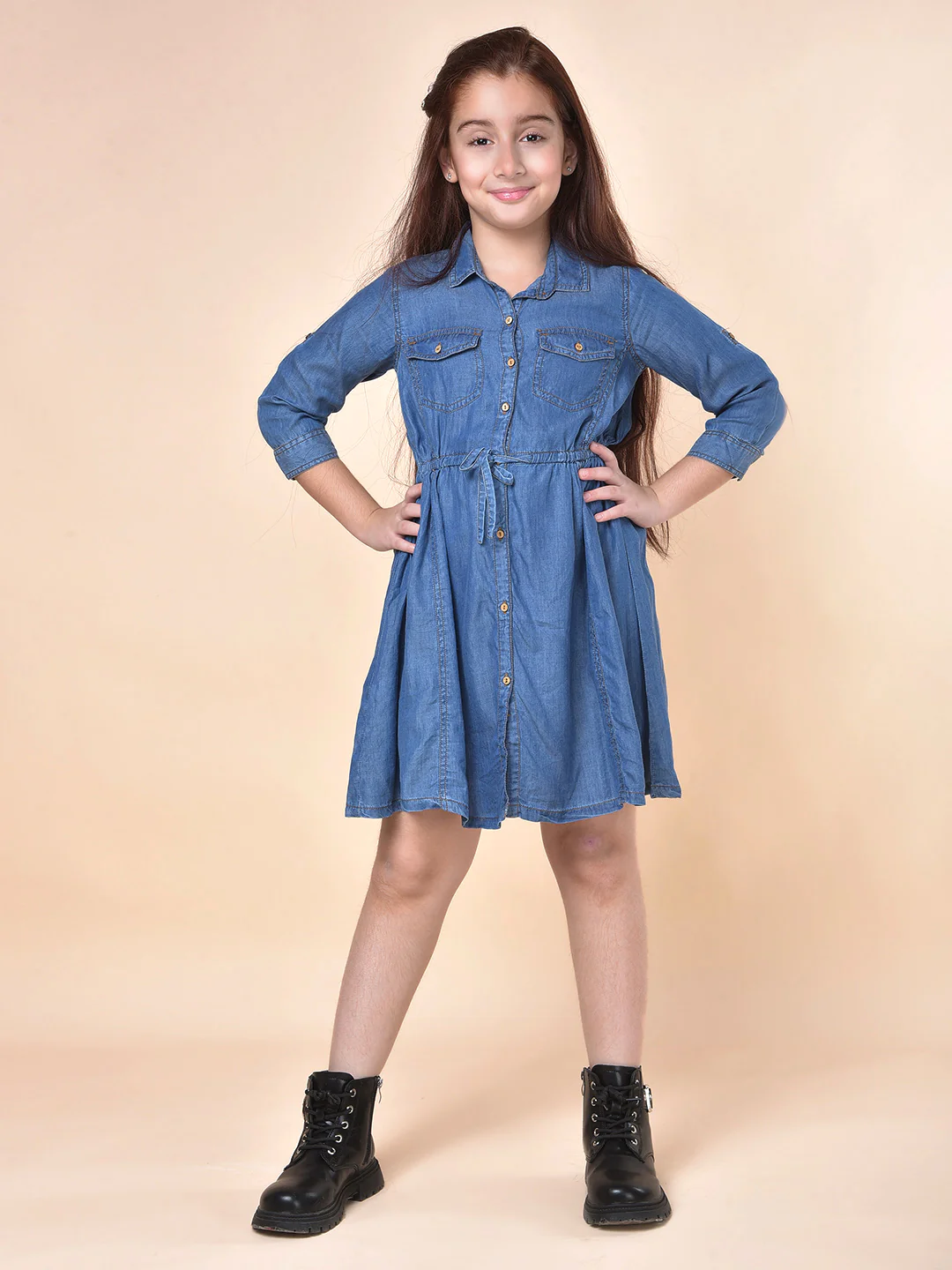Casual Dress for Girls | Breathable & Soft with Color Fastness Regular Fit Spread Collar Cotton Fabric Solid Pattern - Image 3