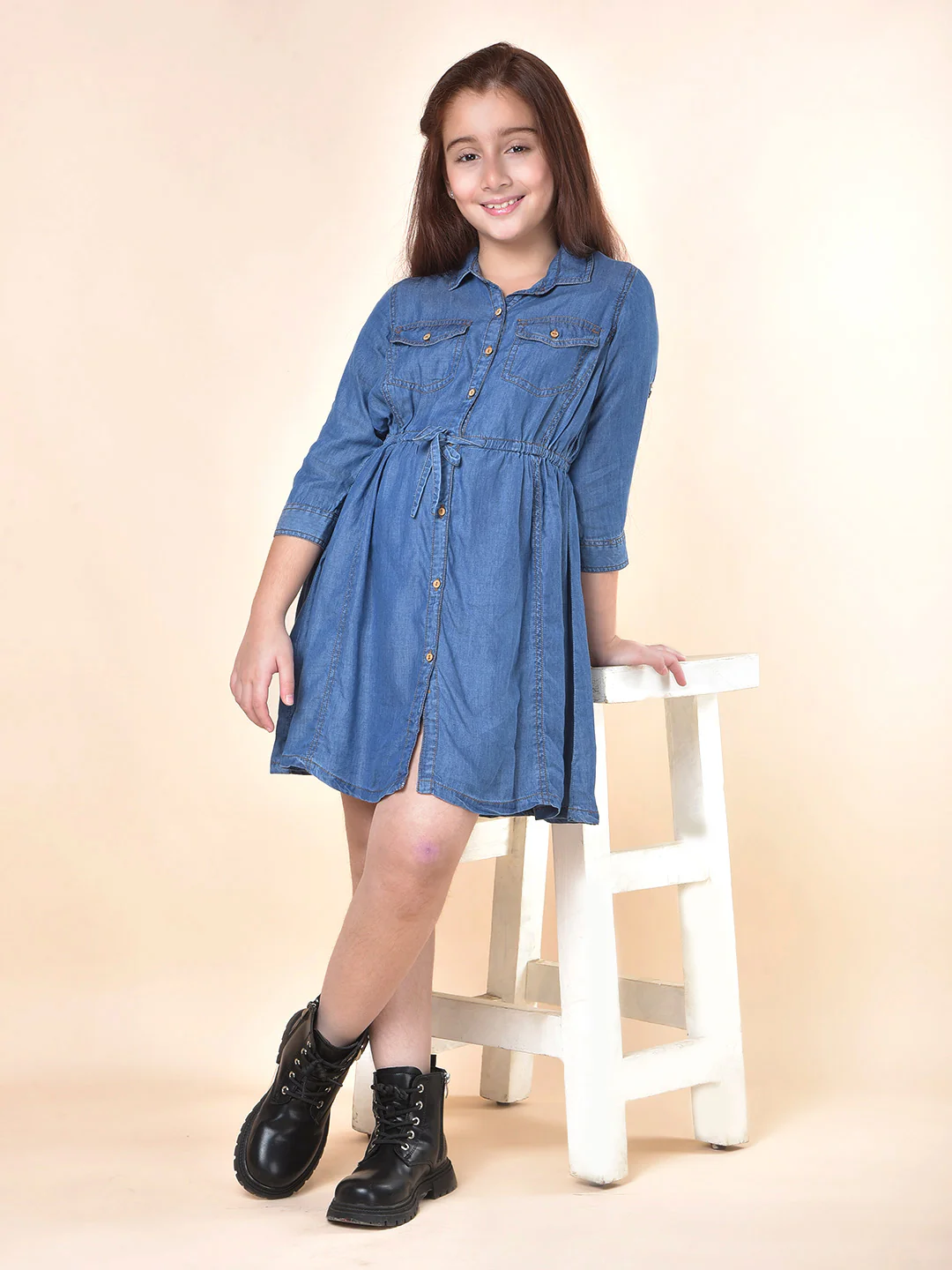 Casual Dress for Girls | Breathable & Soft with Color Fastness Regular Fit Spread Collar Cotton Fabric Solid Pattern - Image 8