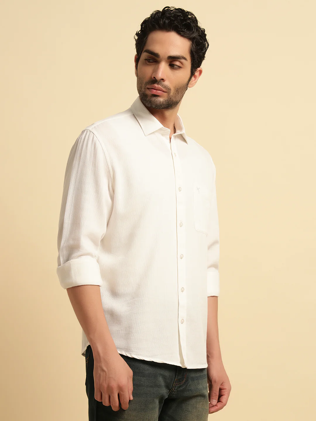 Casual Shirt for Men | Breathable & Soft with Color Fastness Regular Fit Spread Collar Neck Cotton Blend Fabric Self Design Pattern - Image 3