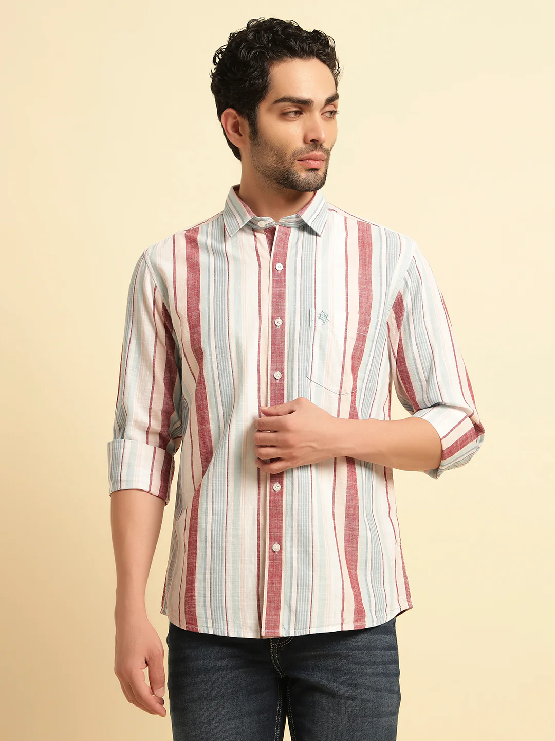 Casual Shirt for Men | Breathable & Soft with Color Fastness Regular Fit Spread Collar Neck Cotton Fabric Striped Pattern