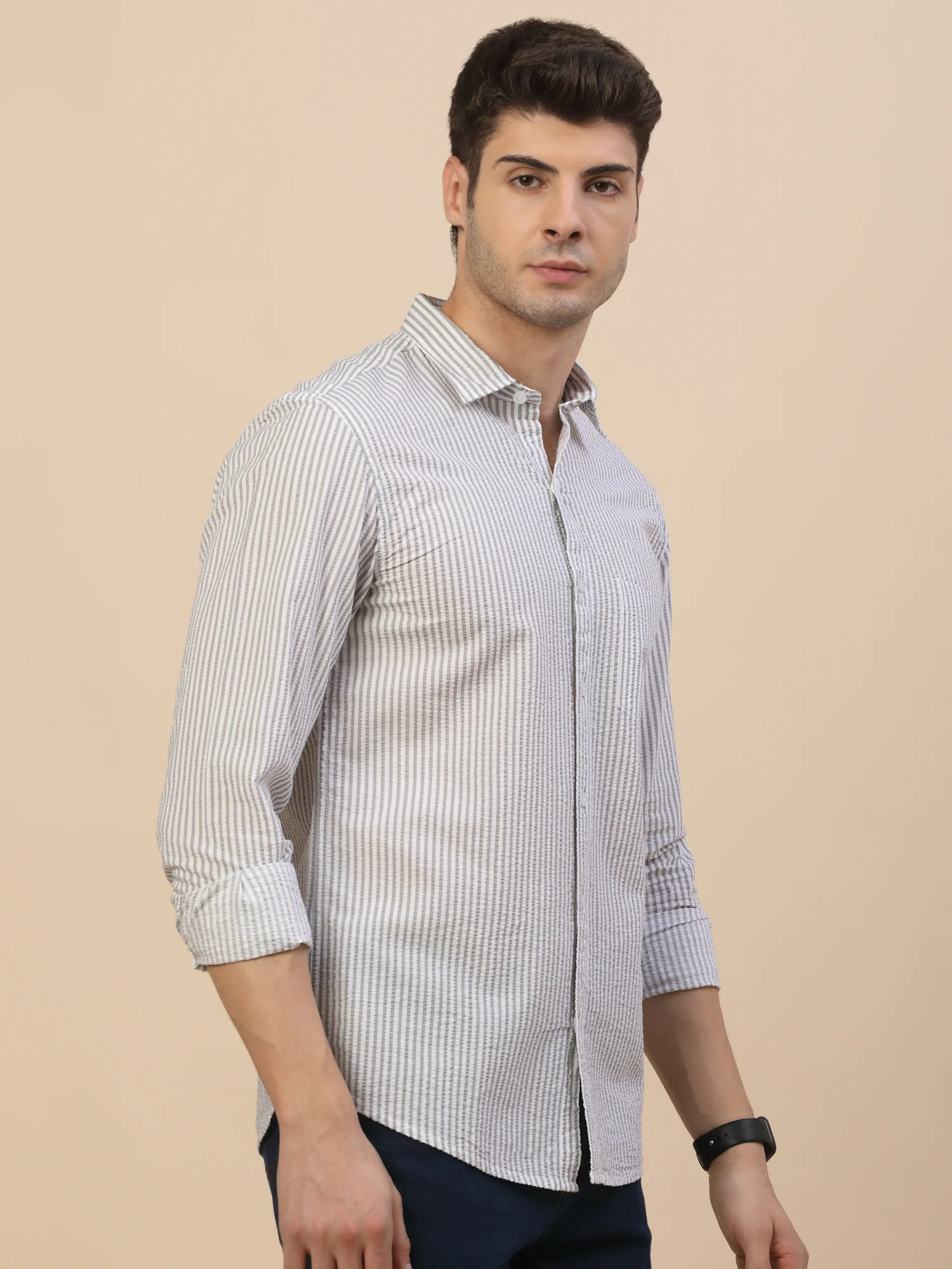 Casual Shirt for Men | Breathable & Soft with Color Fastness Regular Fit Spread Collar Neck Cotton Fabric Striped Pattern - Image 5
