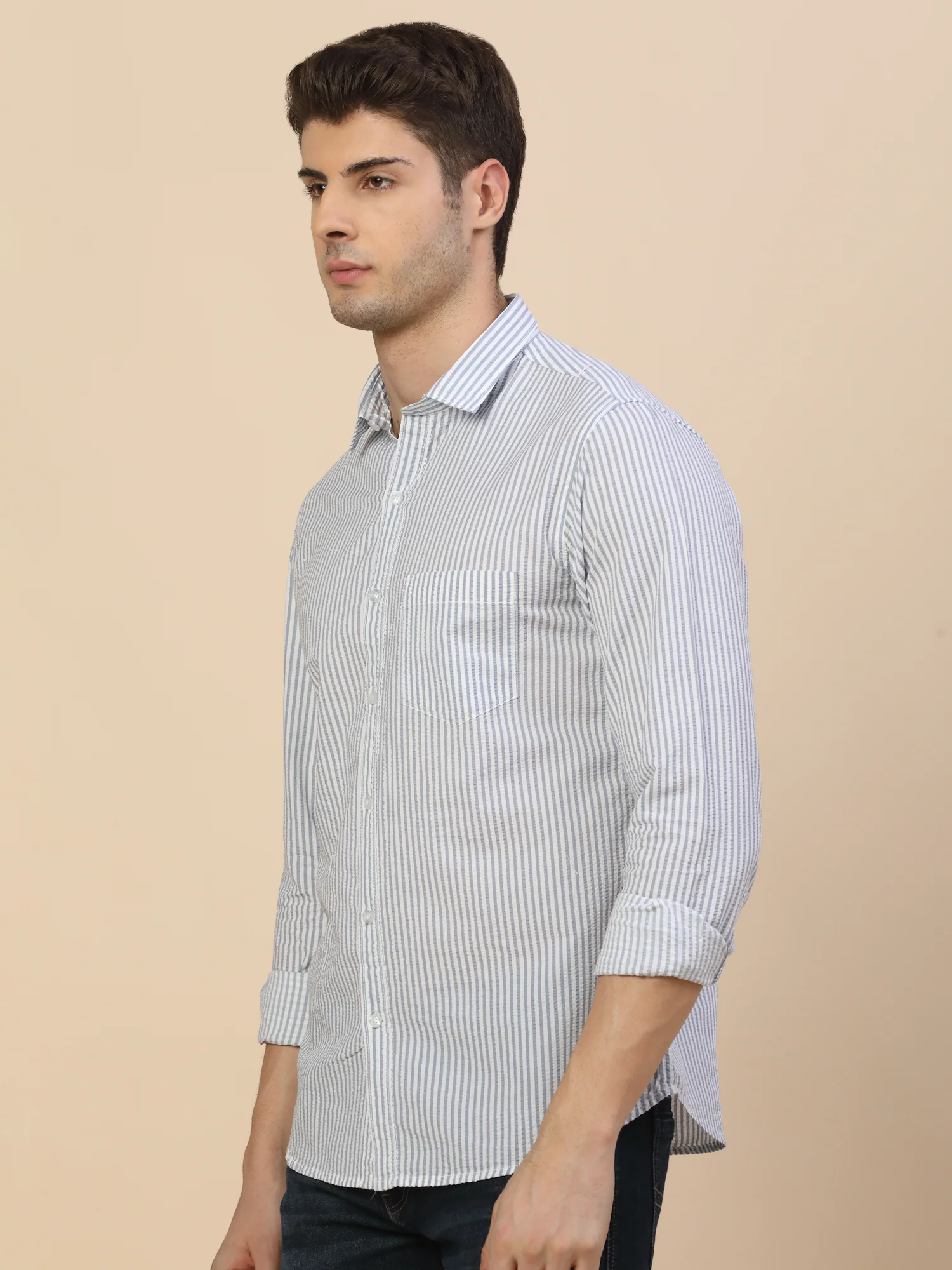 Casual Shirt for Men | Breathable & Soft with Color Fastness Regular Fit Spread Collar Neck Cotton Fabric Striped Pattern - Image 2