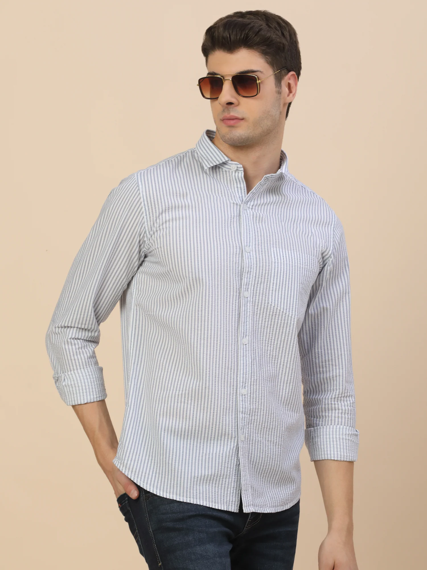 Casual Shirt for Men | Breathable & Soft with Color Fastness Regular Fit Spread Collar Neck Cotton Fabric Striped Pattern - Image 8