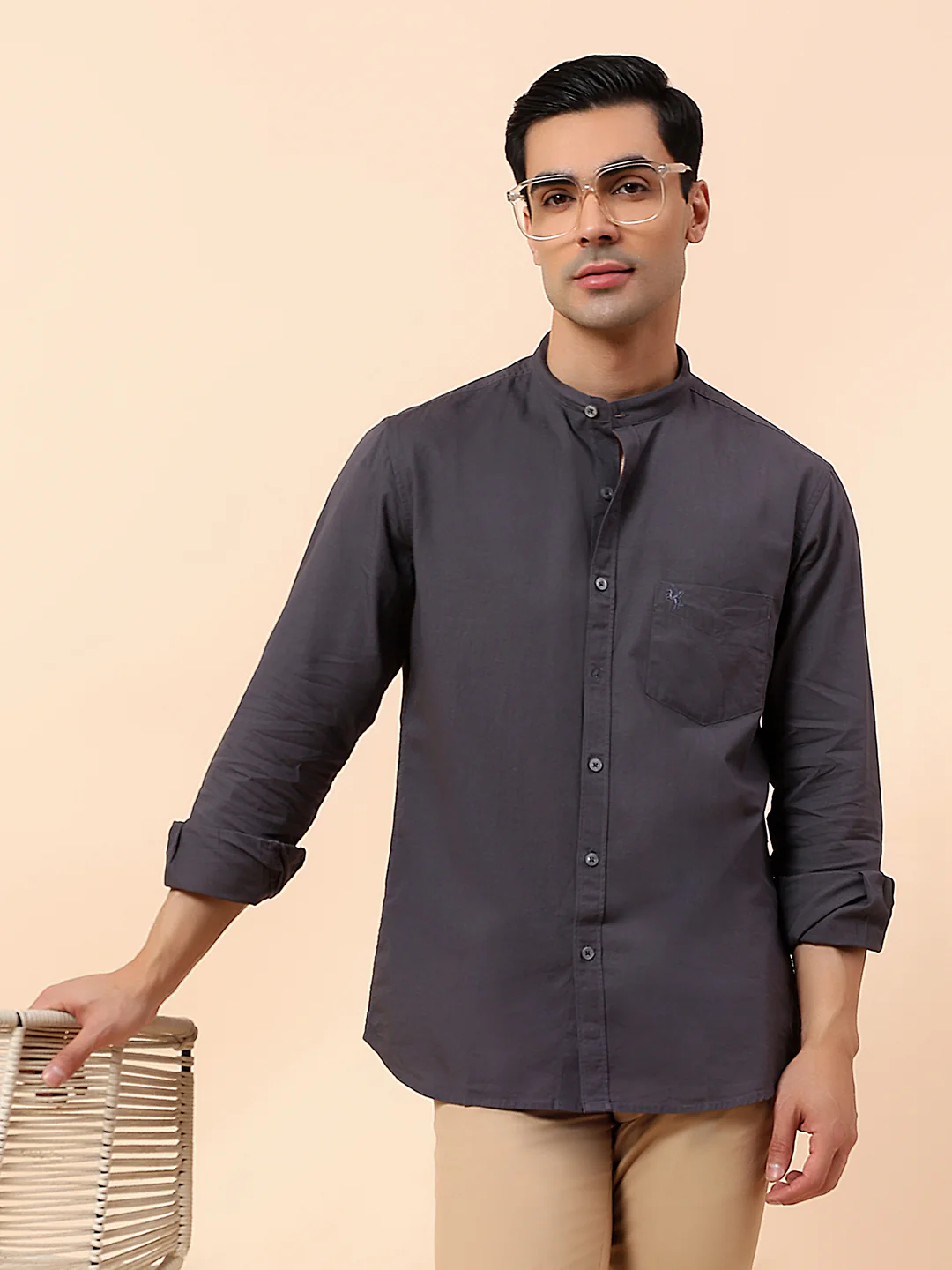 Casual Shirt for Men | Breathable & Soft with Color Fastness Slim Fit Mandarin Collar Cotton Fabric Solid Pattern - Image 2