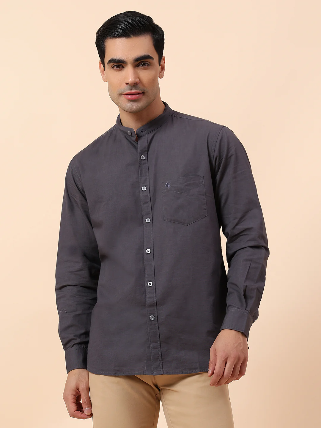 Casual Shirt for Men | Breathable & Soft with Color Fastness Slim Fit Mandarin Collar Cotton Fabric Solid Pattern - Image 3