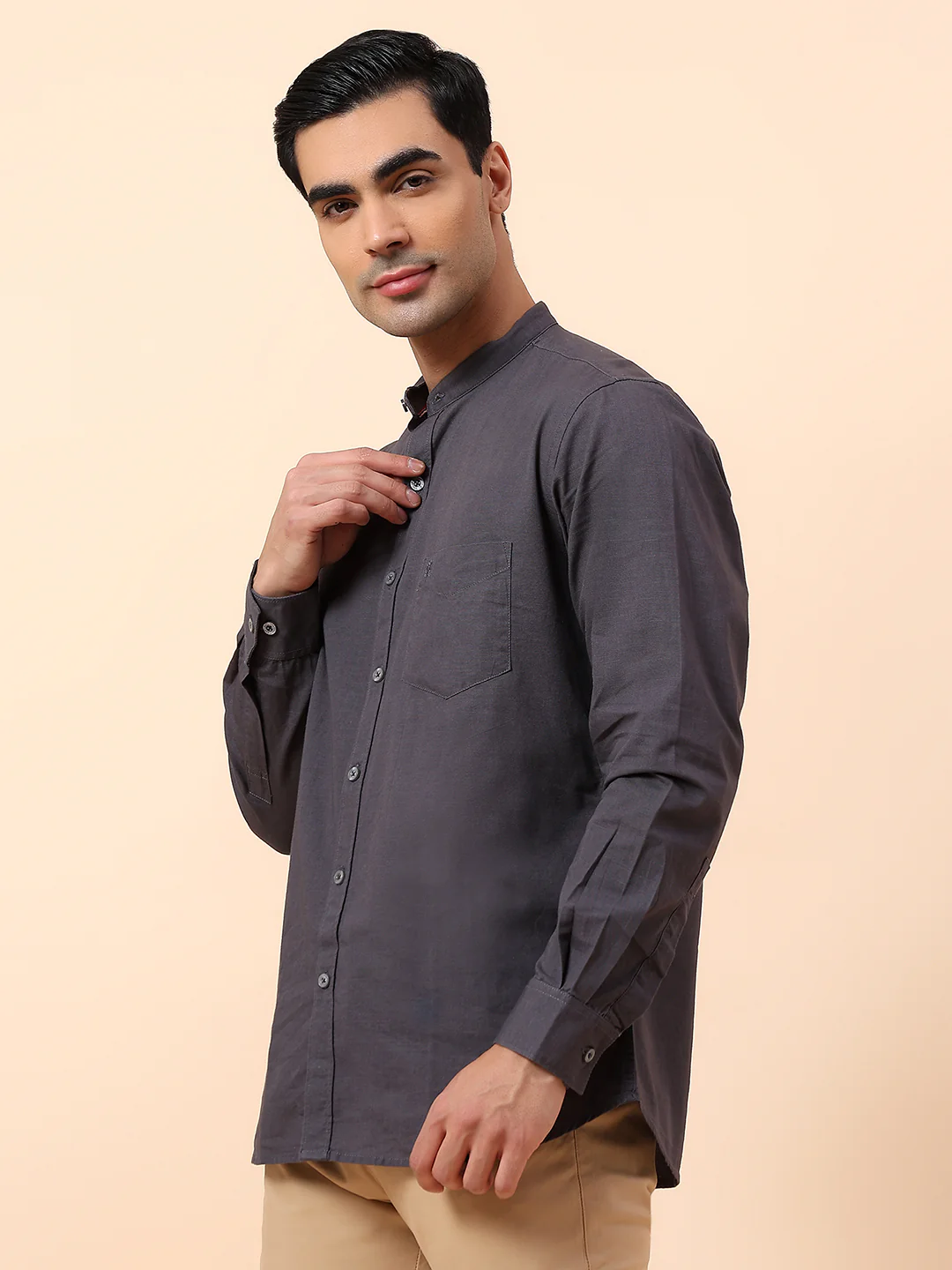 Casual Shirt for Men | Breathable & Soft with Color Fastness Slim Fit Mandarin Collar Cotton Fabric Solid Pattern - Image 4