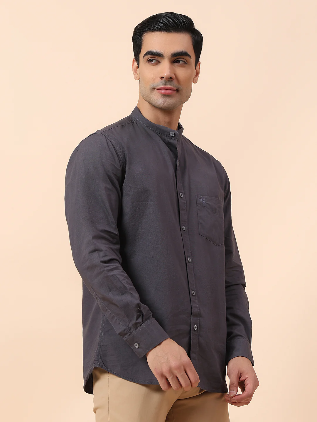 Casual Shirt for Men | Breathable & Soft with Color Fastness Slim Fit Mandarin Collar Cotton Fabric Solid Pattern - Image 5