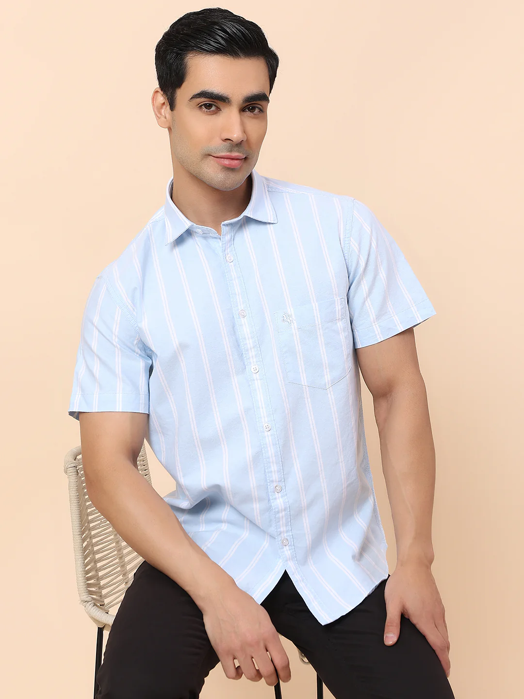 Casual Shirt for Men | Breathable & Soft with Color Fastness Slim Fit Spread Collar Cotton Fabric Striped Pattern - Image 2