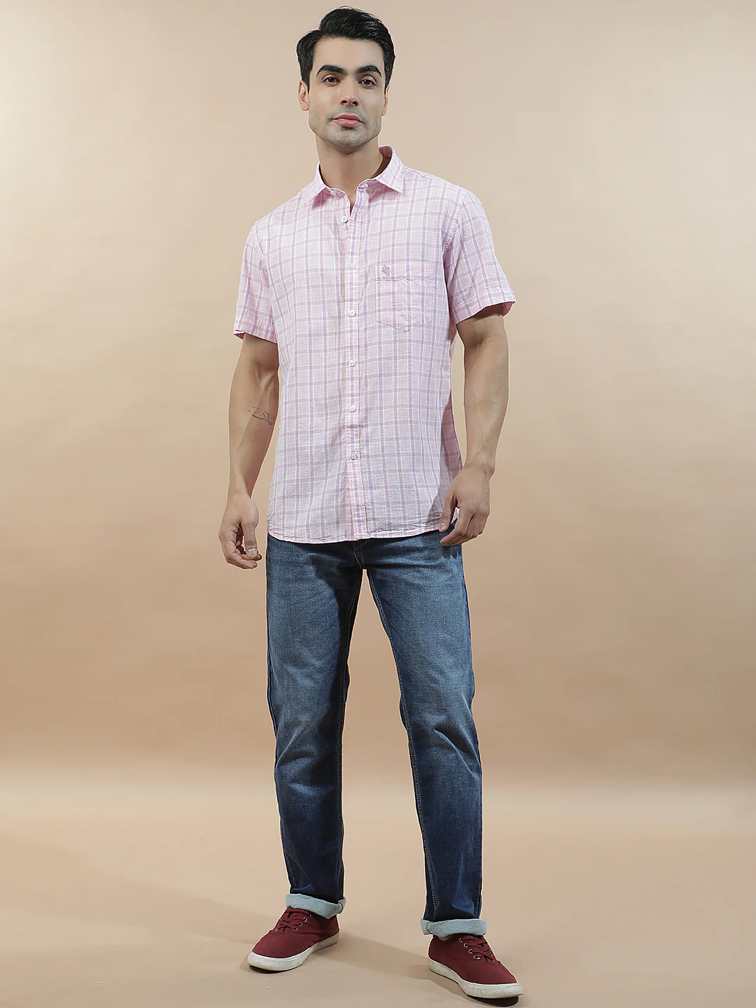 Casual Shirt for Men l Breathable & Soft with Color Fastness Slim Fit Cotton-Linen Fabric Checkered Pattern