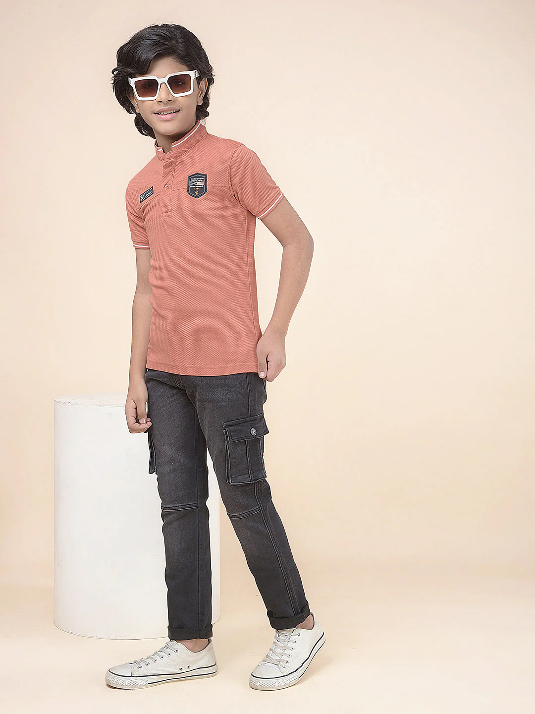 Casual T-Shirt for Boys l Breathable & Soft with Color Fastness Regular Fit Mandarin Collar Poly Cotton Fabric Self Design Pattern - Image 3