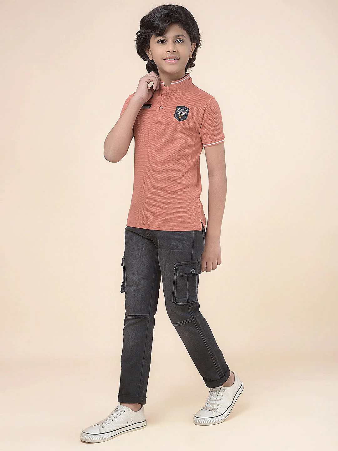 Casual T-Shirt for Boys l Breathable & Soft with Color Fastness Regular Fit Mandarin Collar Poly Cotton Fabric Self Design Pattern - Image 4