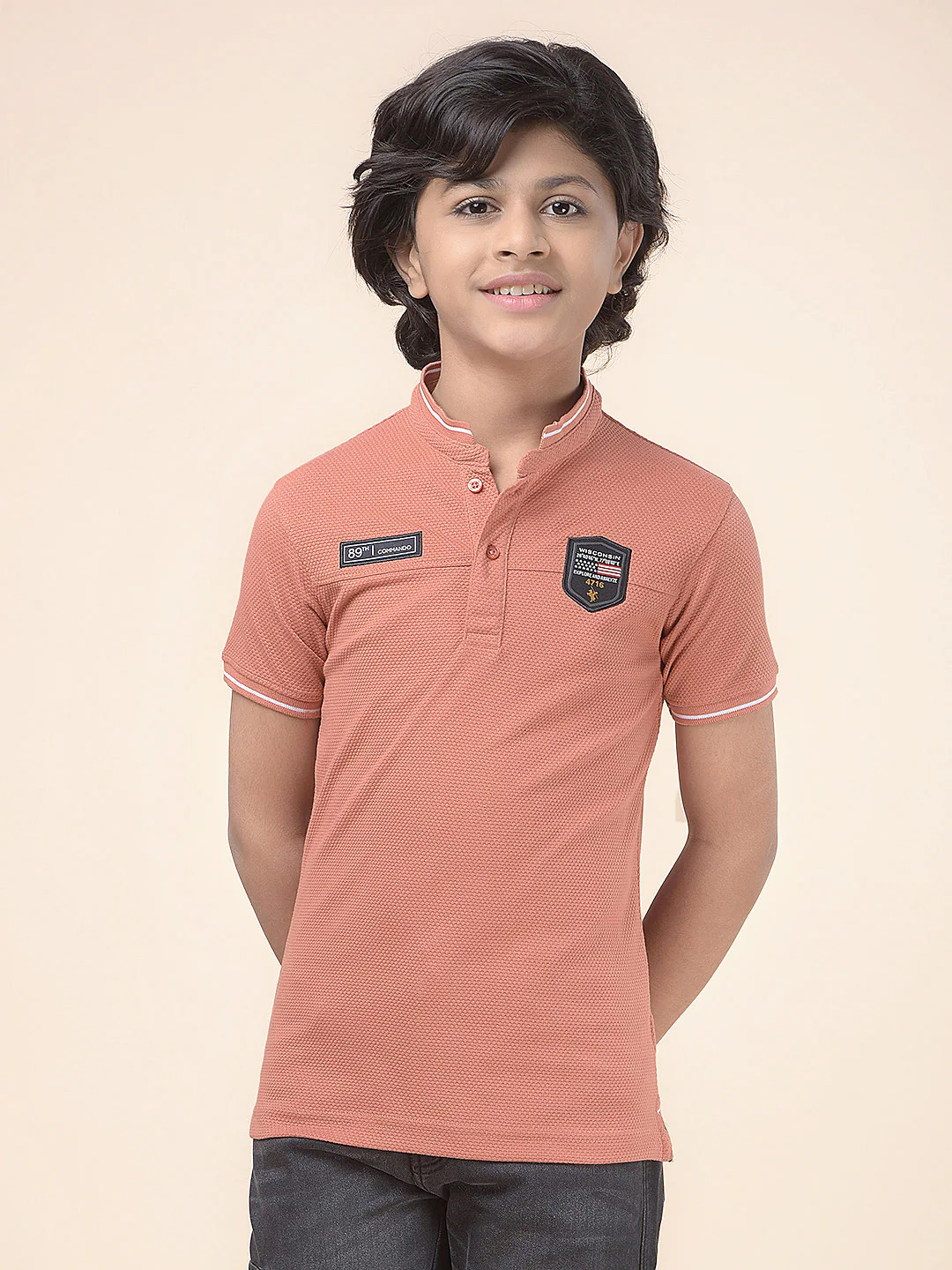 Casual T-Shirt for Boys l Breathable & Soft with Color Fastness Regular Fit Mandarin Collar Poly Cotton Fabric Self Design Pattern - Image 6