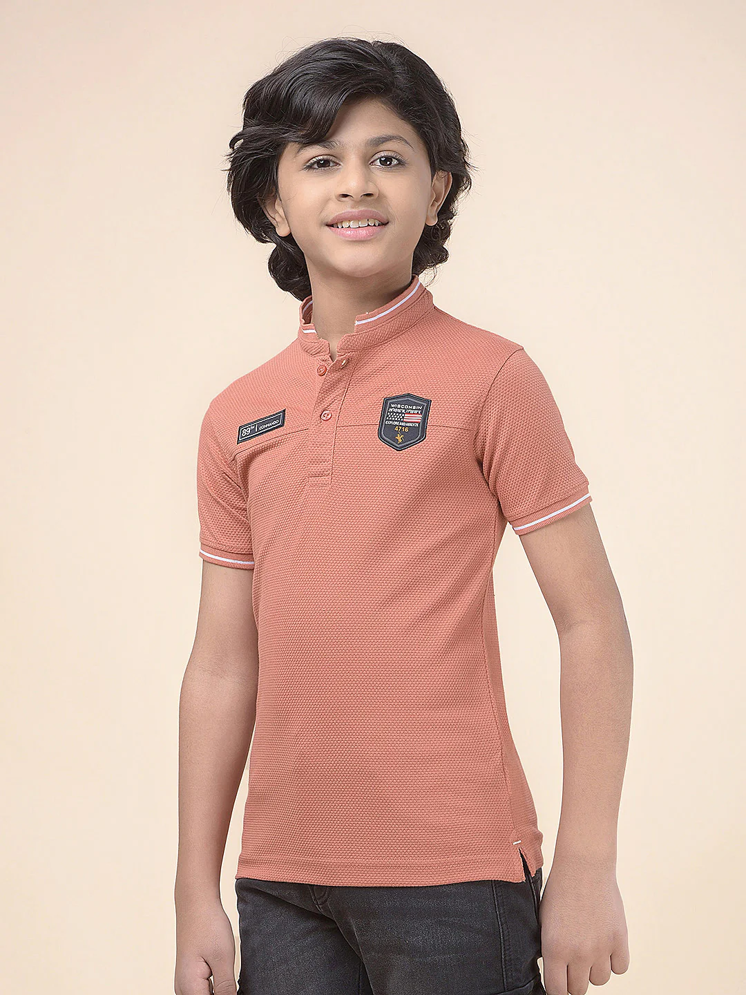 Casual T-Shirt for Boys l Breathable & Soft with Color Fastness Regular Fit Mandarin Collar Poly Cotton Fabric Self Design Pattern - Image 7