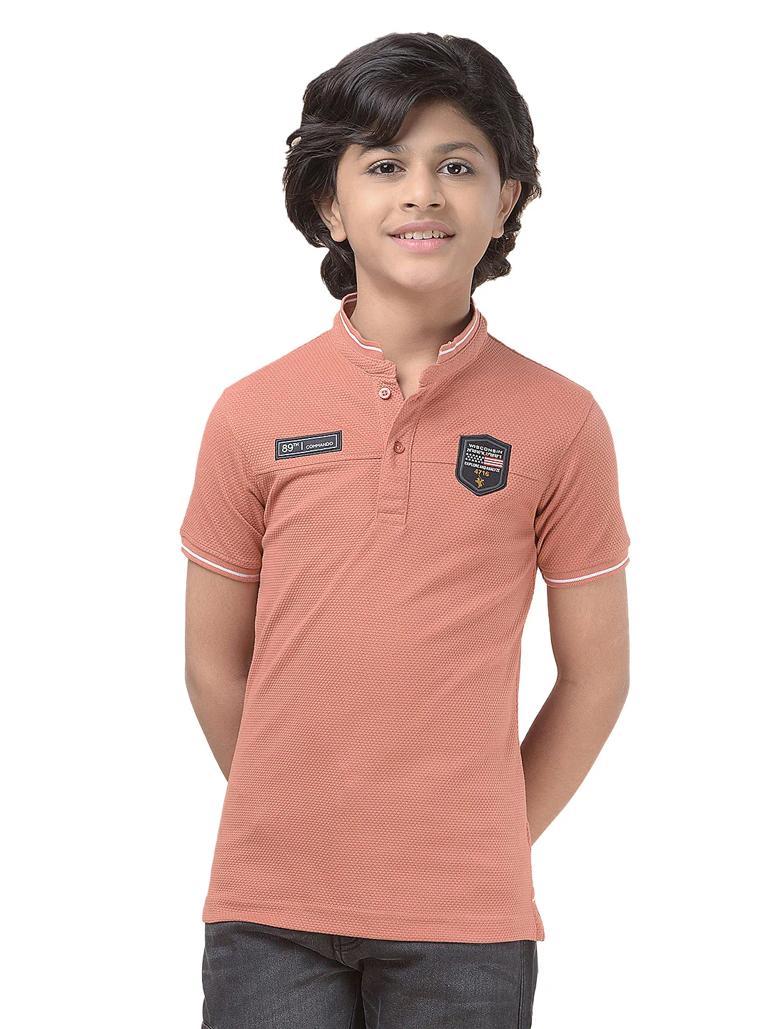 Casual T-Shirt for Boys l Breathable & Soft with Color Fastness Regular Fit Mandarin Collar Poly Cotton Fabric Self Design Pattern - Image 9