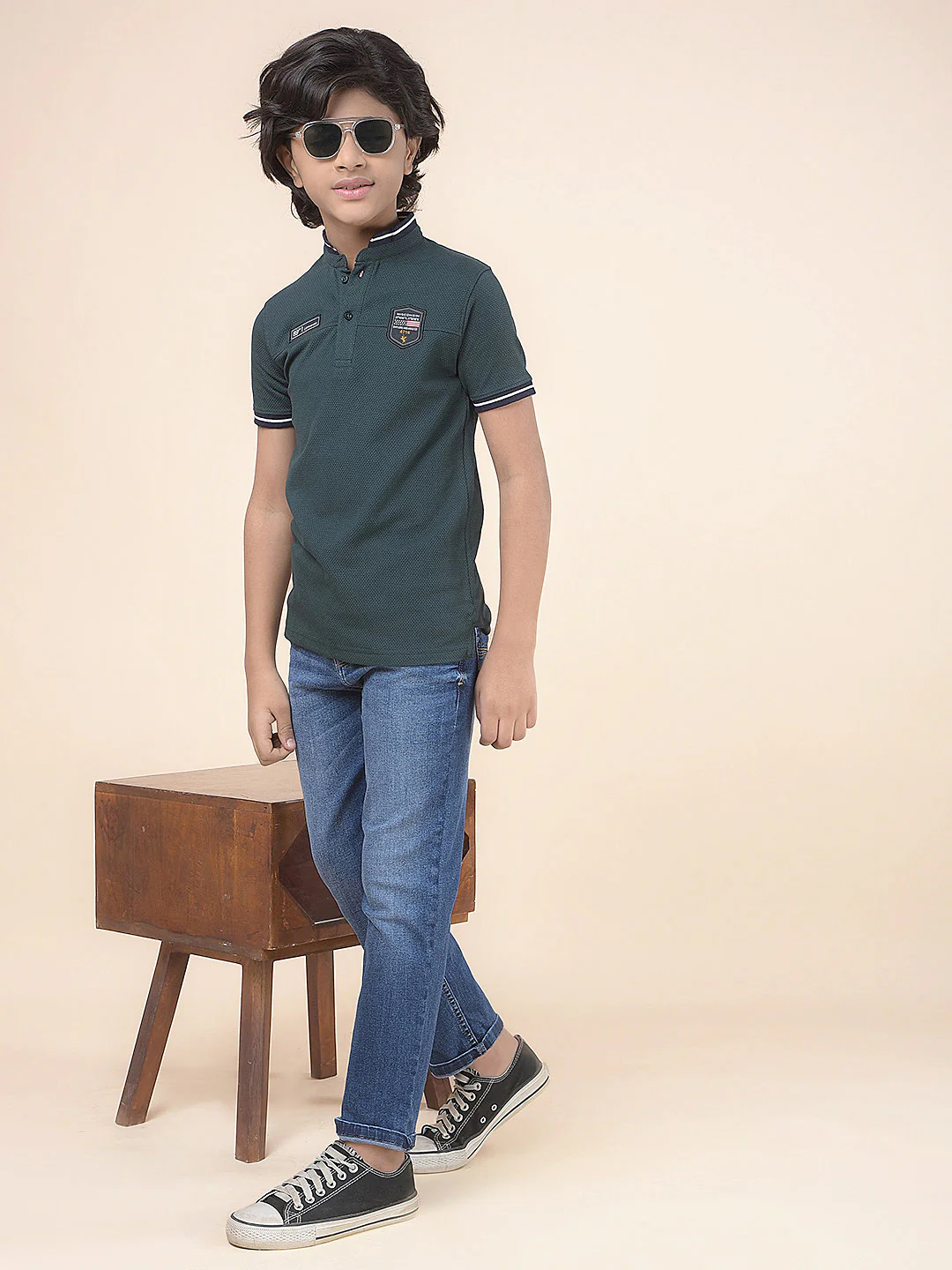 Casual T-Shirt for Boys l Breathable & Soft with Color Fastness Regular Fit Mandarin Collar Poly Cotton Fabric Self Design Pattern - Image 2