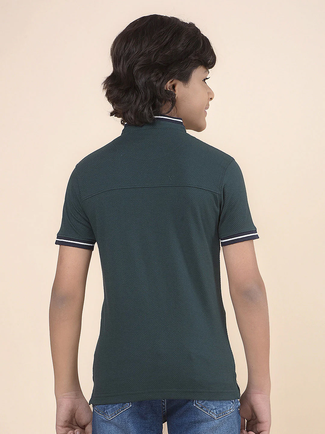 Casual T-Shirt for Boys l Breathable & Soft with Color Fastness Regular Fit Mandarin Collar Poly Cotton Fabric Self Design Pattern - Image 3