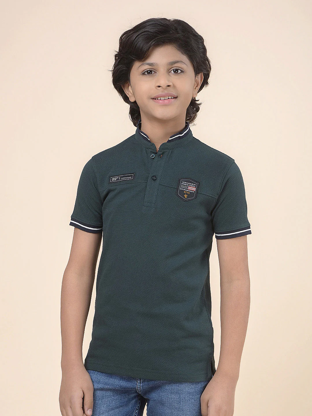 Casual T-Shirt for Boys l Breathable & Soft with Color Fastness Regular Fit Mandarin Collar Poly Cotton Fabric Self Design Pattern - Image 4