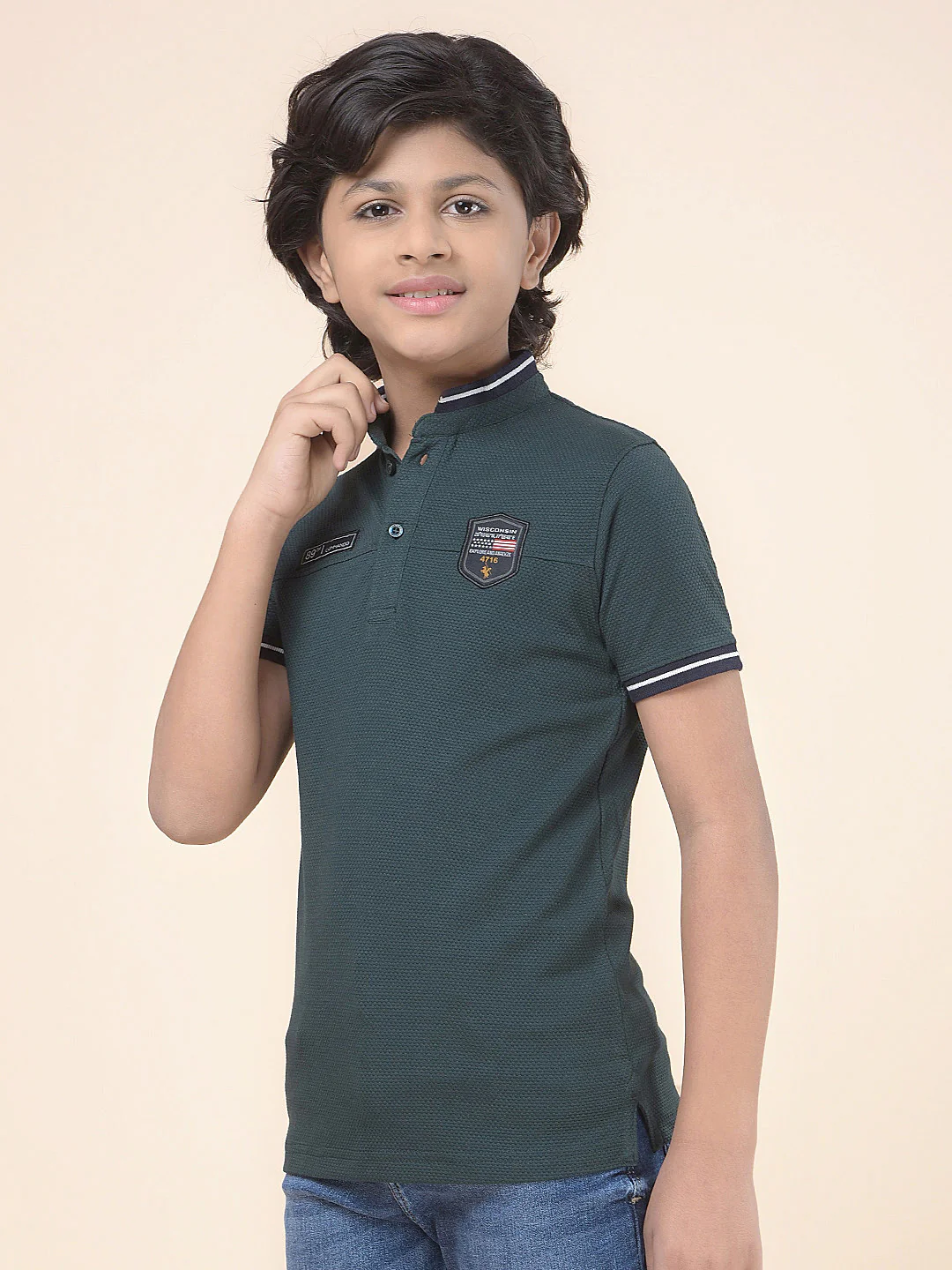 Casual T-Shirt for Boys l Breathable & Soft with Color Fastness Regular Fit Mandarin Collar Poly Cotton Fabric Self Design Pattern - Image 5