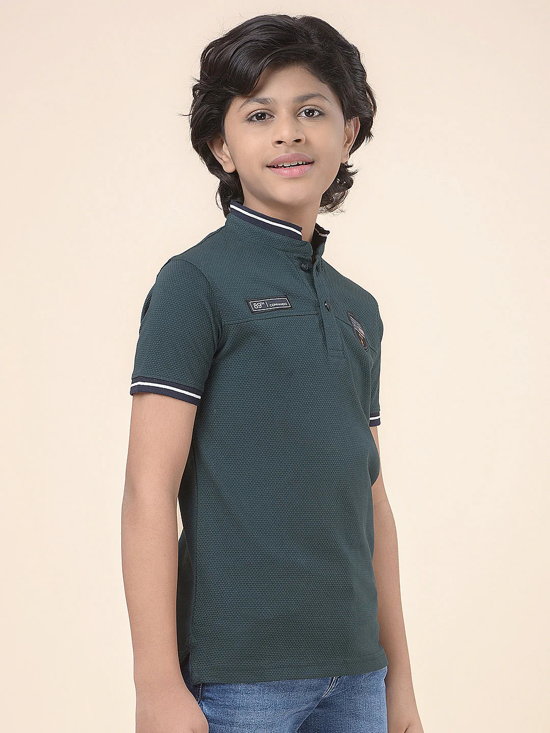 Casual T-Shirt for Boys l Breathable & Soft with Color Fastness Regular Fit Mandarin Collar Poly Cotton Fabric Self Design Pattern - Image 6