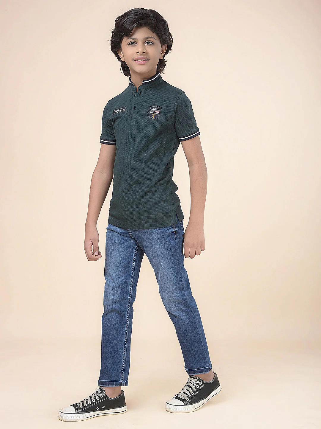 Casual T-Shirt for Boys l Breathable & Soft with Color Fastness Regular Fit Mandarin Collar Poly Cotton Fabric Self Design Pattern - Image 8
