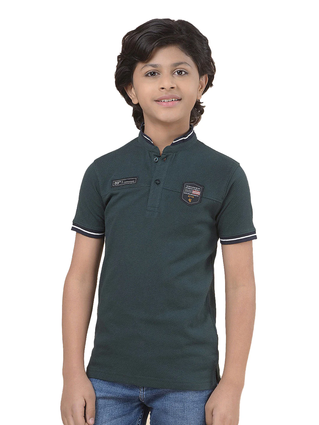 Casual T-Shirt for Boys l Breathable & Soft with Color Fastness Regular Fit Mandarin Collar Poly Cotton Fabric Self Design Pattern - Image 9