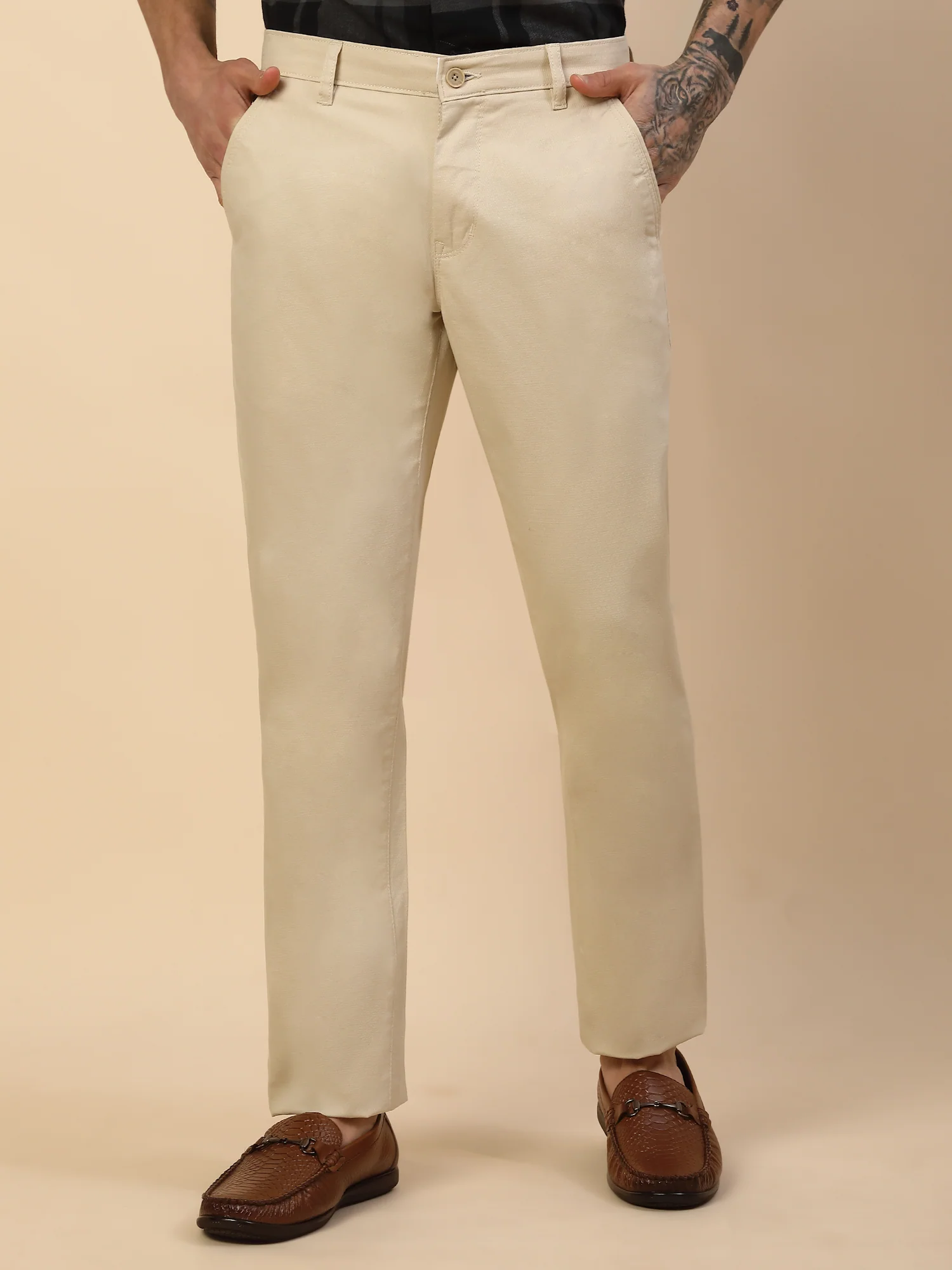 Casual Trouser for Men | Breathable & Soft with Color Fastness Regular Fit Cotton Blend Fabric Self Design Pattern Button Closure - Image 2