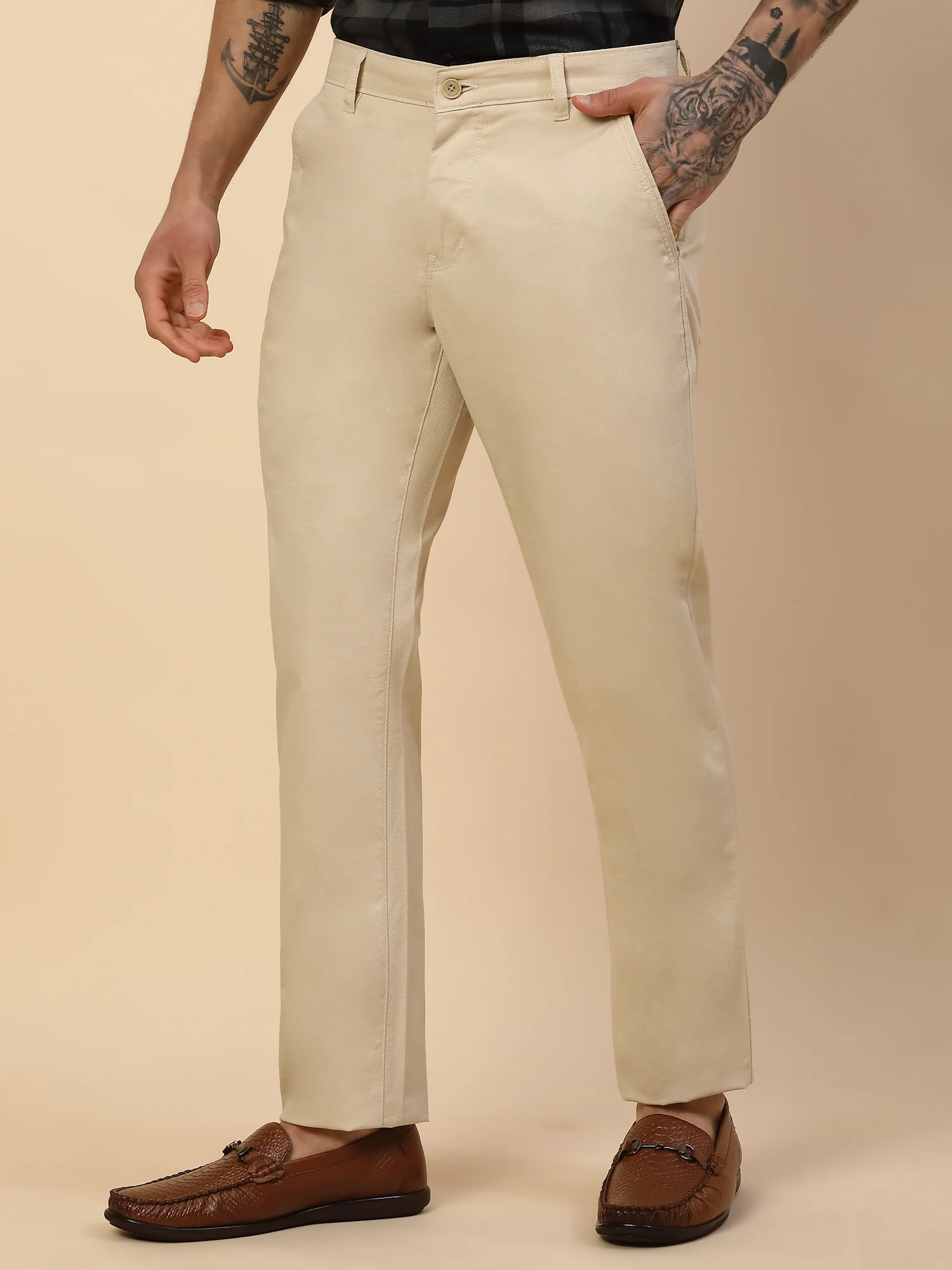 Casual Trouser for Men | Breathable & Soft with Color Fastness Regular Fit Cotton Blend Fabric Self Design Pattern Button Closure - Image 3