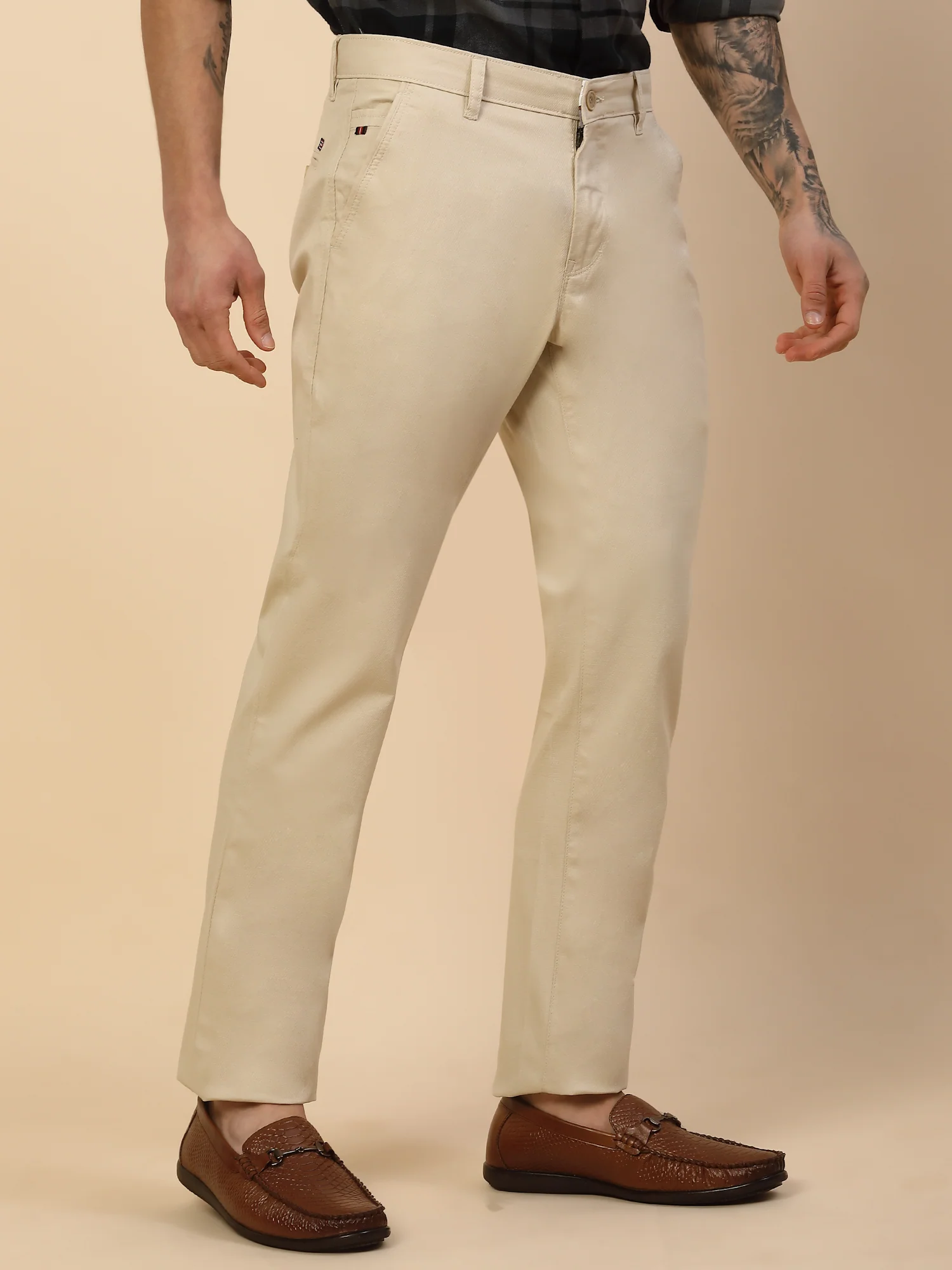 Casual Trouser for Men | Breathable & Soft with Color Fastness Regular Fit Cotton Blend Fabric Self Design Pattern Button Closure - Image 4