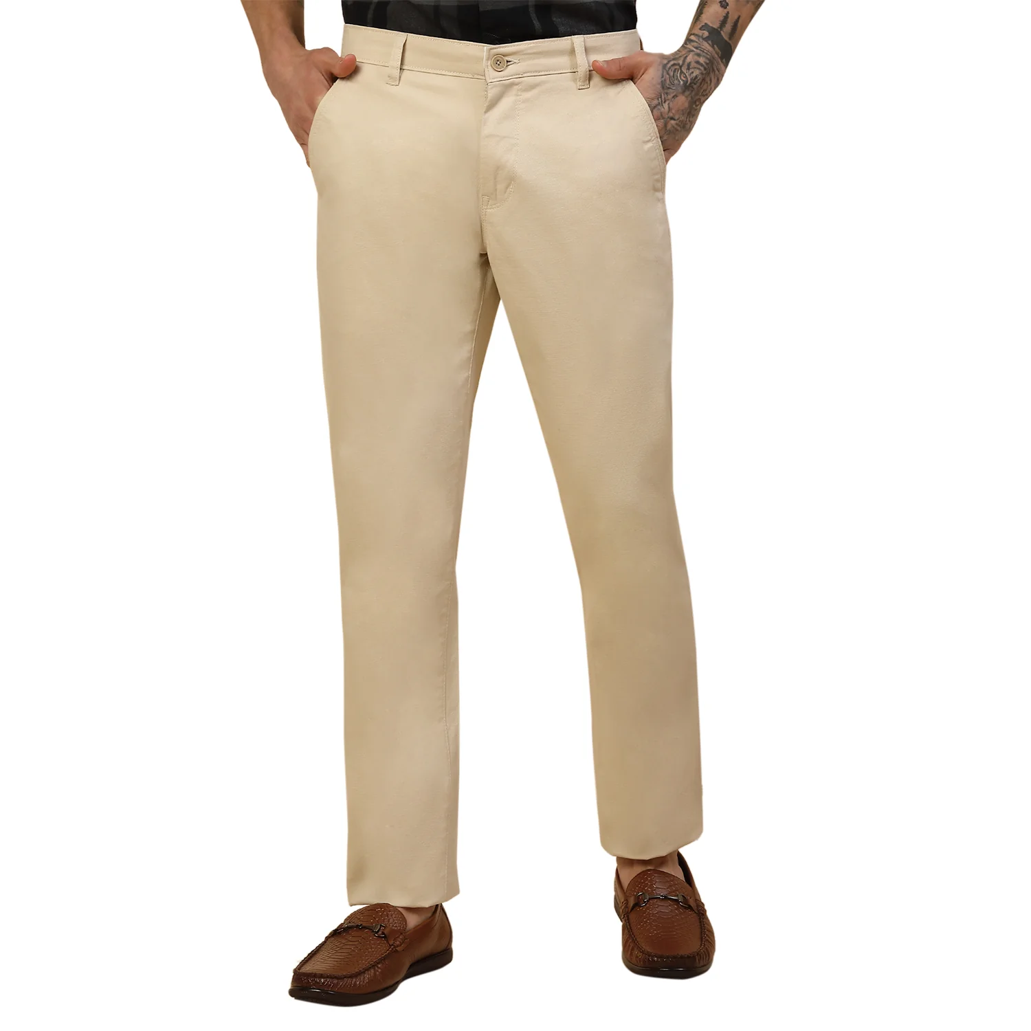 Casual Trouser for Men | Breathable & Soft with Color Fastness Regular Fit Cotton Blend Fabric Self Design Pattern Button Closure - Image 7
