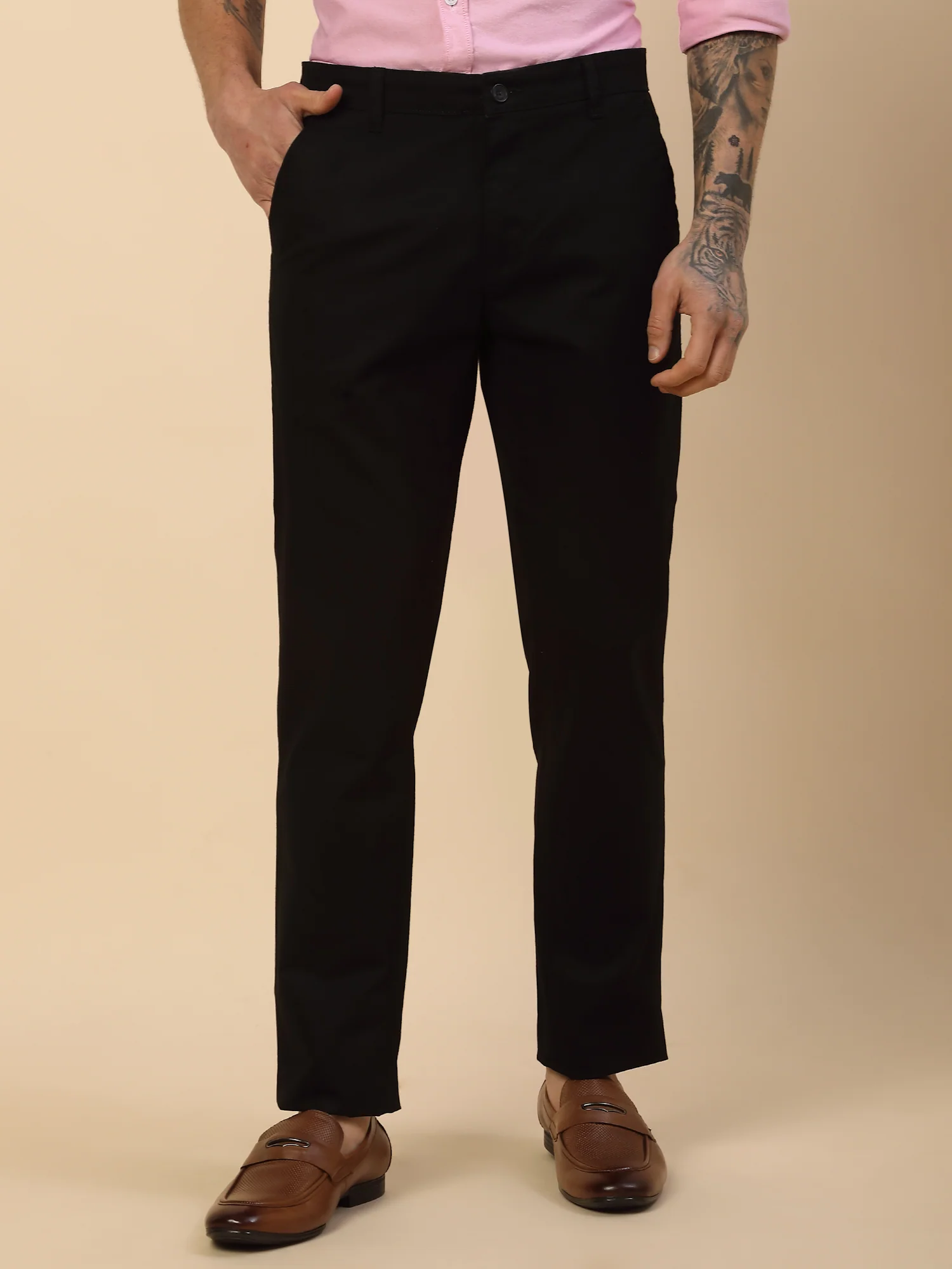 Casual Trouser for Men | Breathable & Soft with Color Fastness Regular Fit Cotton Blend Fabric Self Design Pattern Button Closure - Image 2