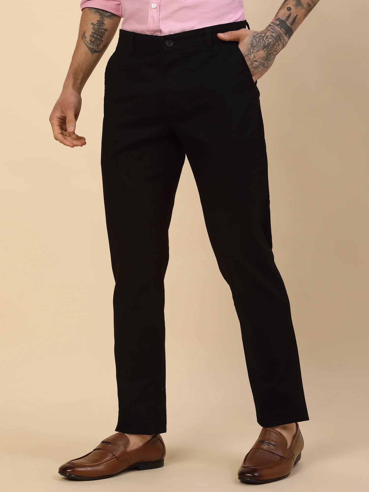 Casual Trouser for Men | Breathable & Soft with Color Fastness Regular Fit Cotton Blend Fabric Self Design Pattern Button Closure - Image 3