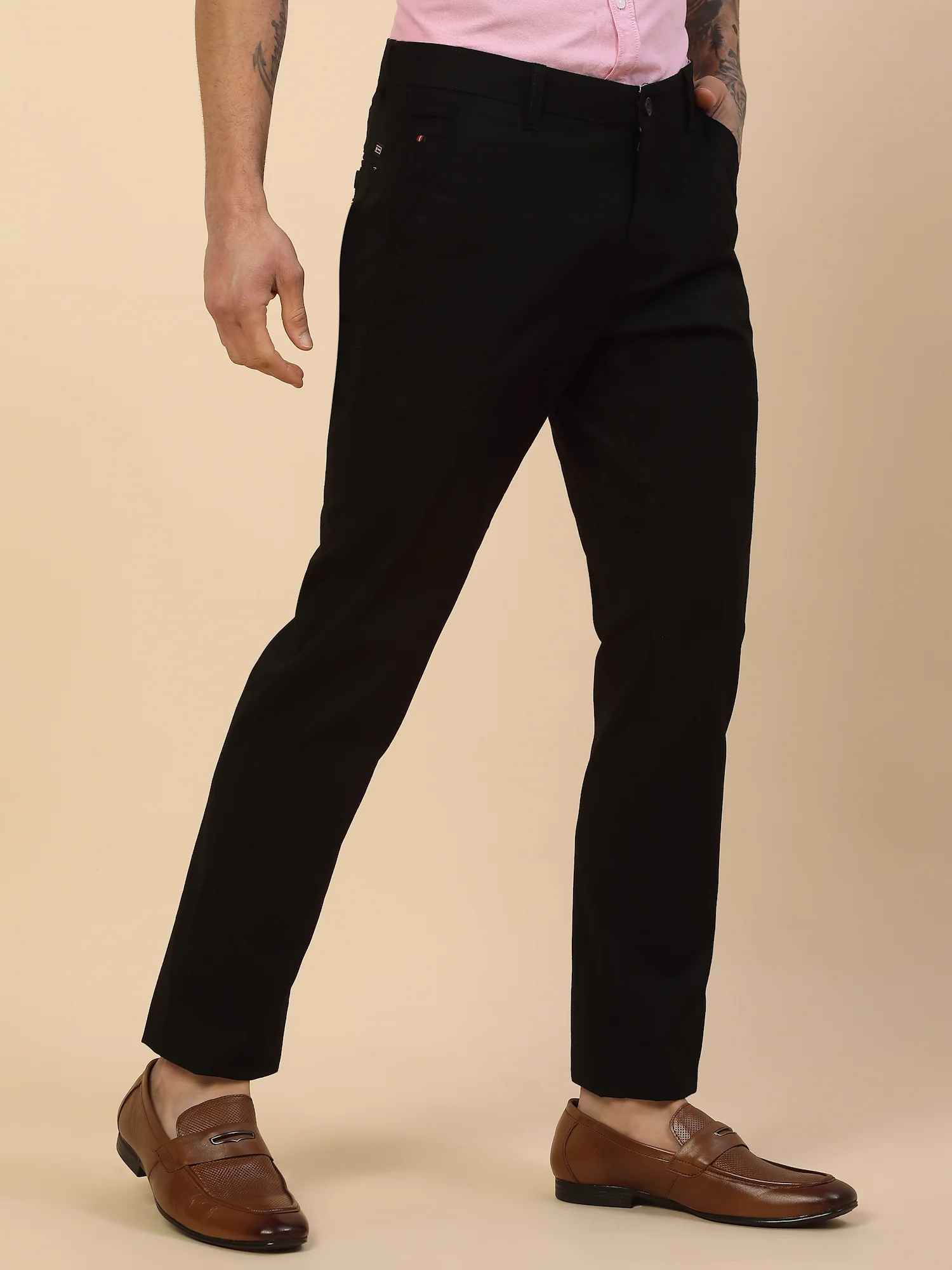 Casual Trouser for Men | Breathable & Soft with Color Fastness Regular Fit Cotton Blend Fabric Self Design Pattern Button Closure - Image 4