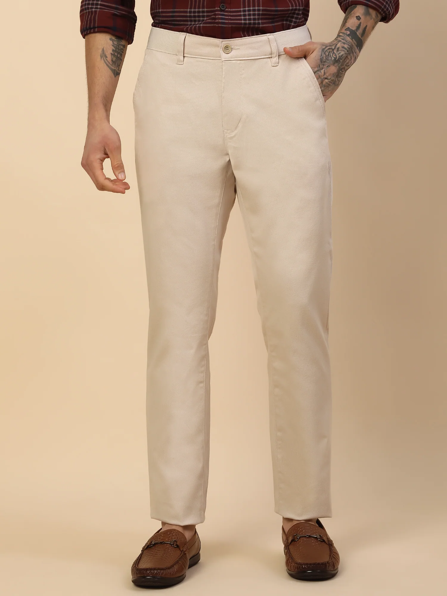 Casual Trouser for Men | Breathable & Soft with Color Fastness Regular Fit Cotton Blend Fabric Self Design Pattern Button Closure - Image 2