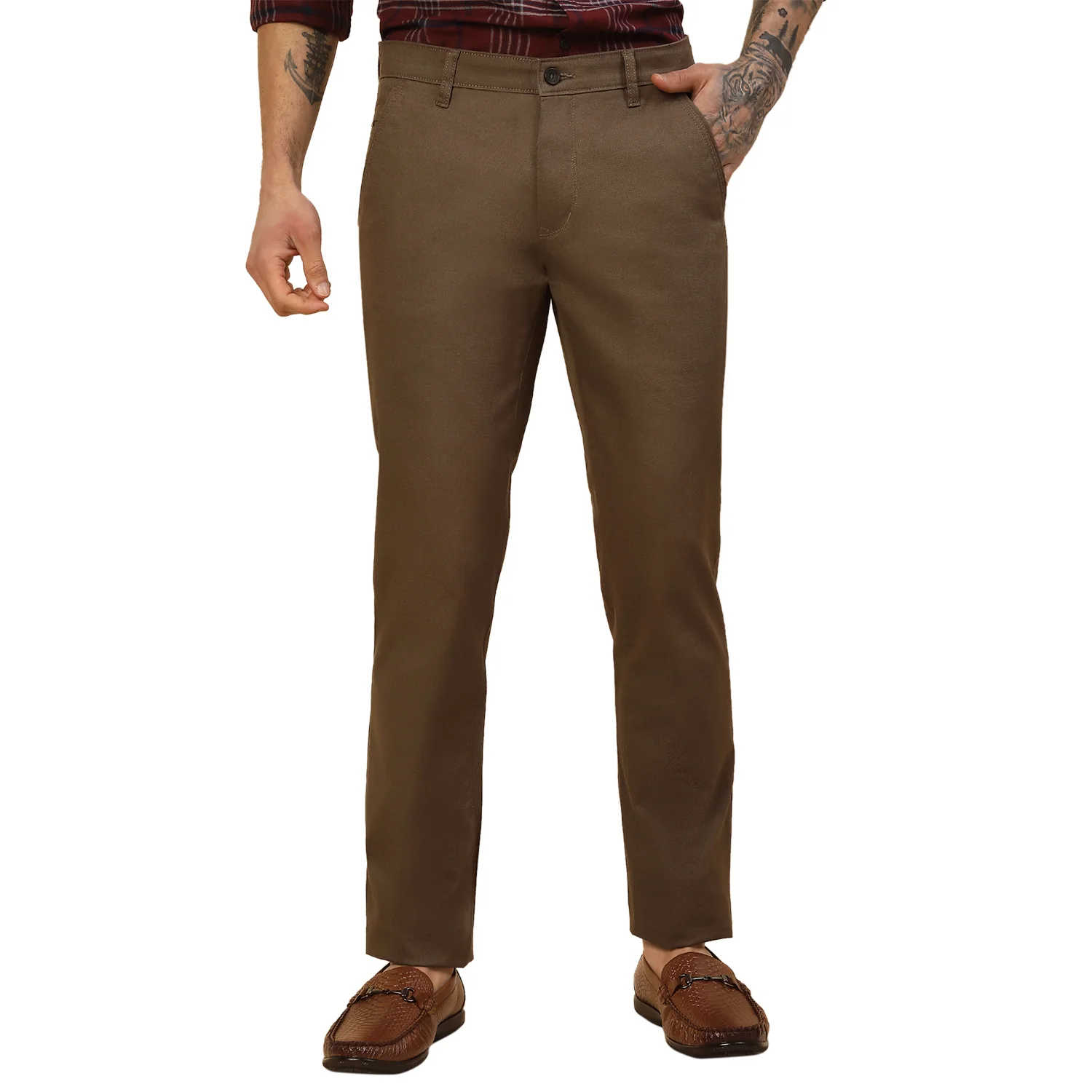 Casual Trouser for Men | Breathable & Soft with Color Fastness Regular Fit Cotton Blend Fabric Self Design Pattern Button Closure - Image 2
