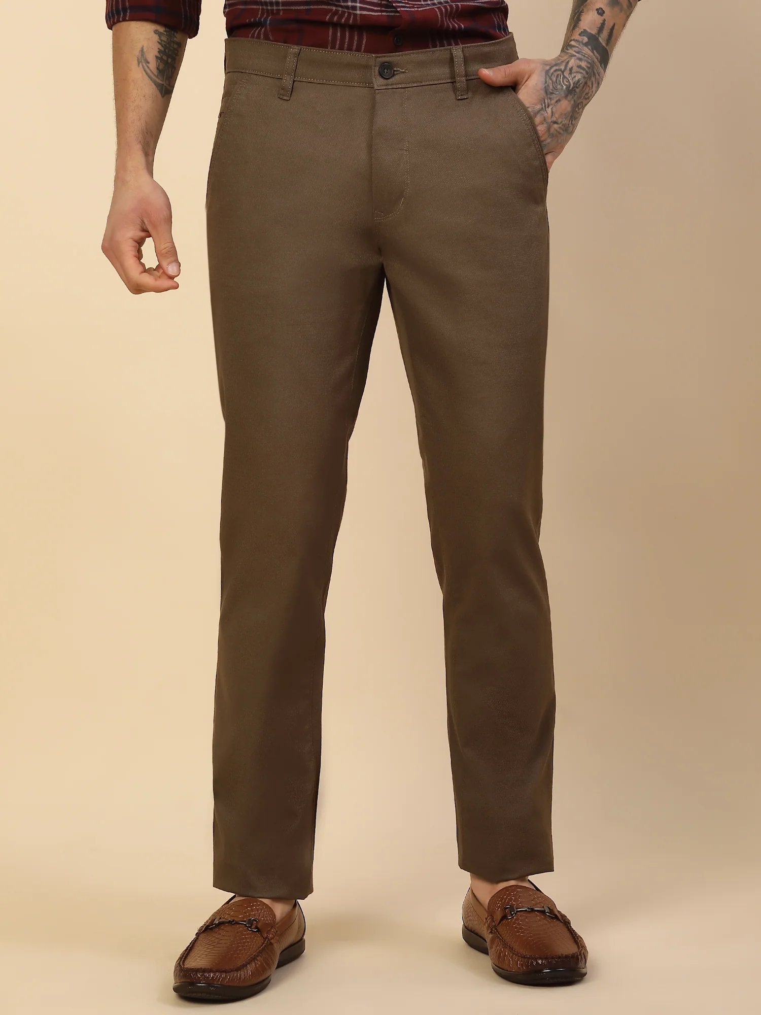 Casual Trouser for Men | Breathable & Soft with Color Fastness Regular Fit Cotton Blend Fabric Self Design Pattern Button Closure - Image 3