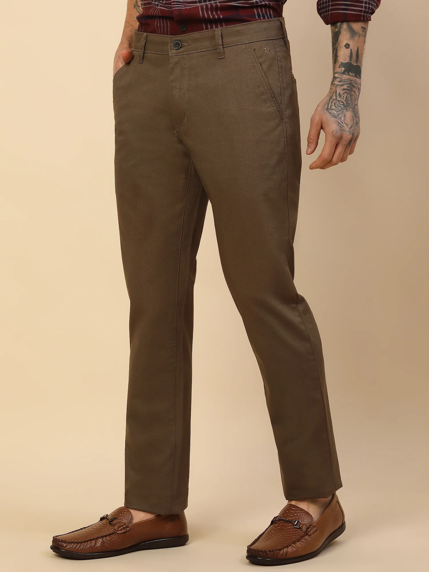 Casual Trouser for Men | Breathable & Soft with Color Fastness Regular Fit Cotton Blend Fabric Self Design Pattern Button Closure - Image 4