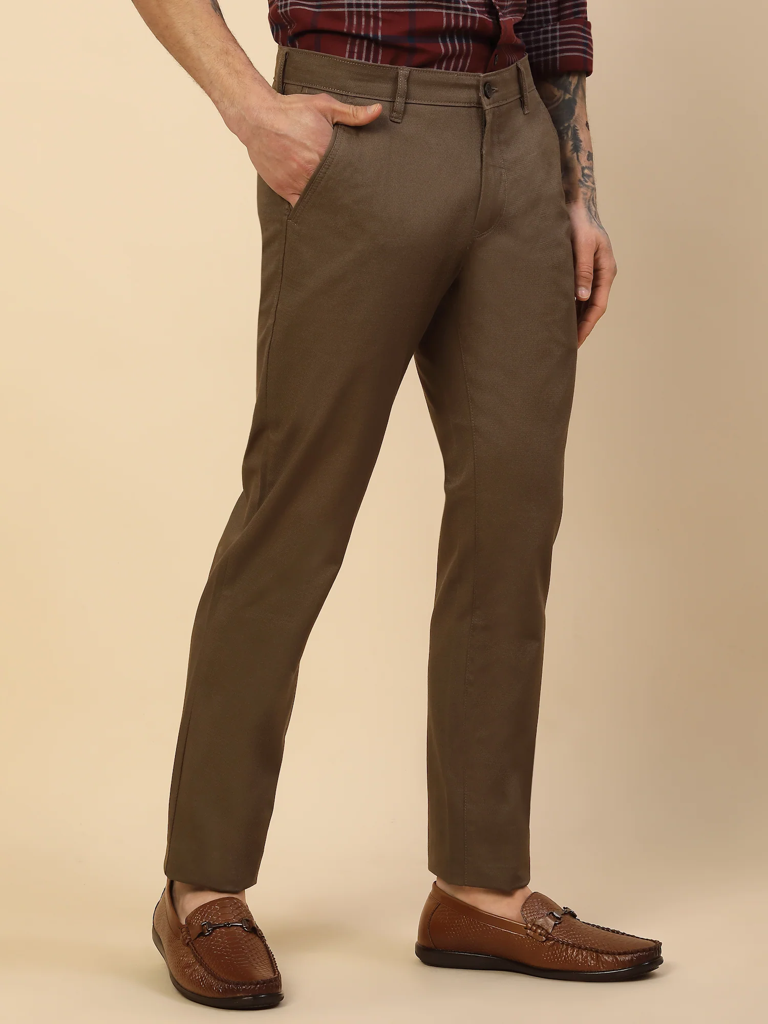 Casual Trouser for Men | Breathable & Soft with Color Fastness Regular Fit Cotton Blend Fabric Self Design Pattern Button Closure - Image 5