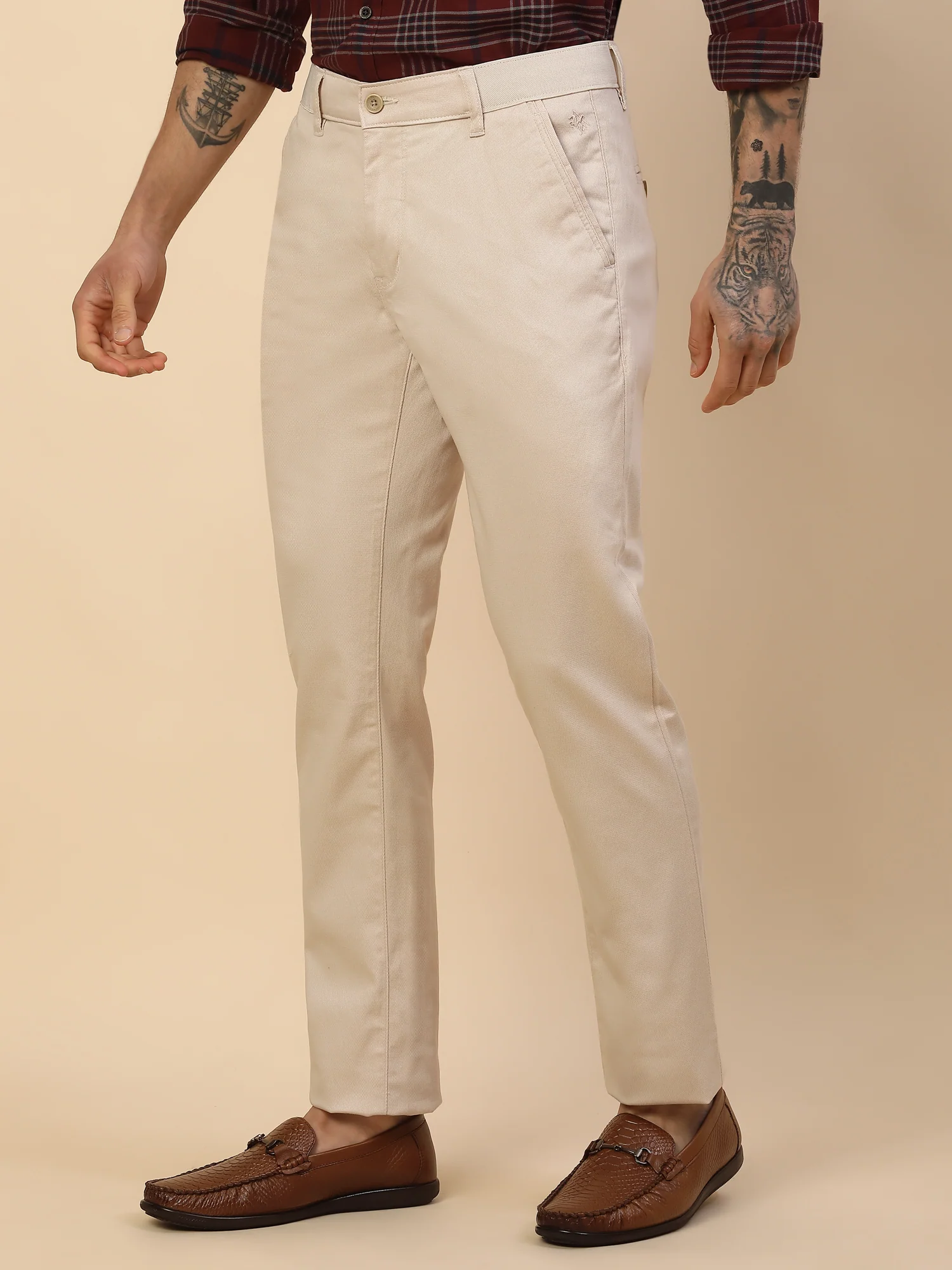 Casual Trouser for Men | Breathable & Soft with Color Fastness Regular Fit Cotton Blend Fabric Self Design Pattern Button Closure - Image 3