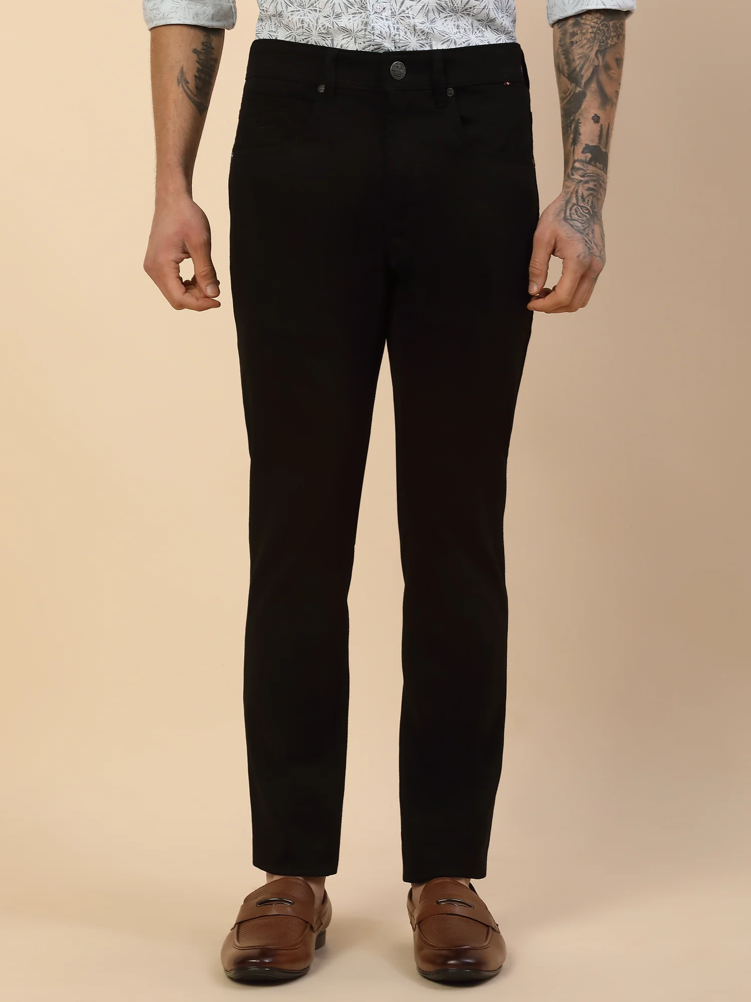 Casual Trouser for Men | Breathable & Soft with Color Fastness Regular Fit Cotton Blend Fabric Self Design Pattern Button Closure - Image 2