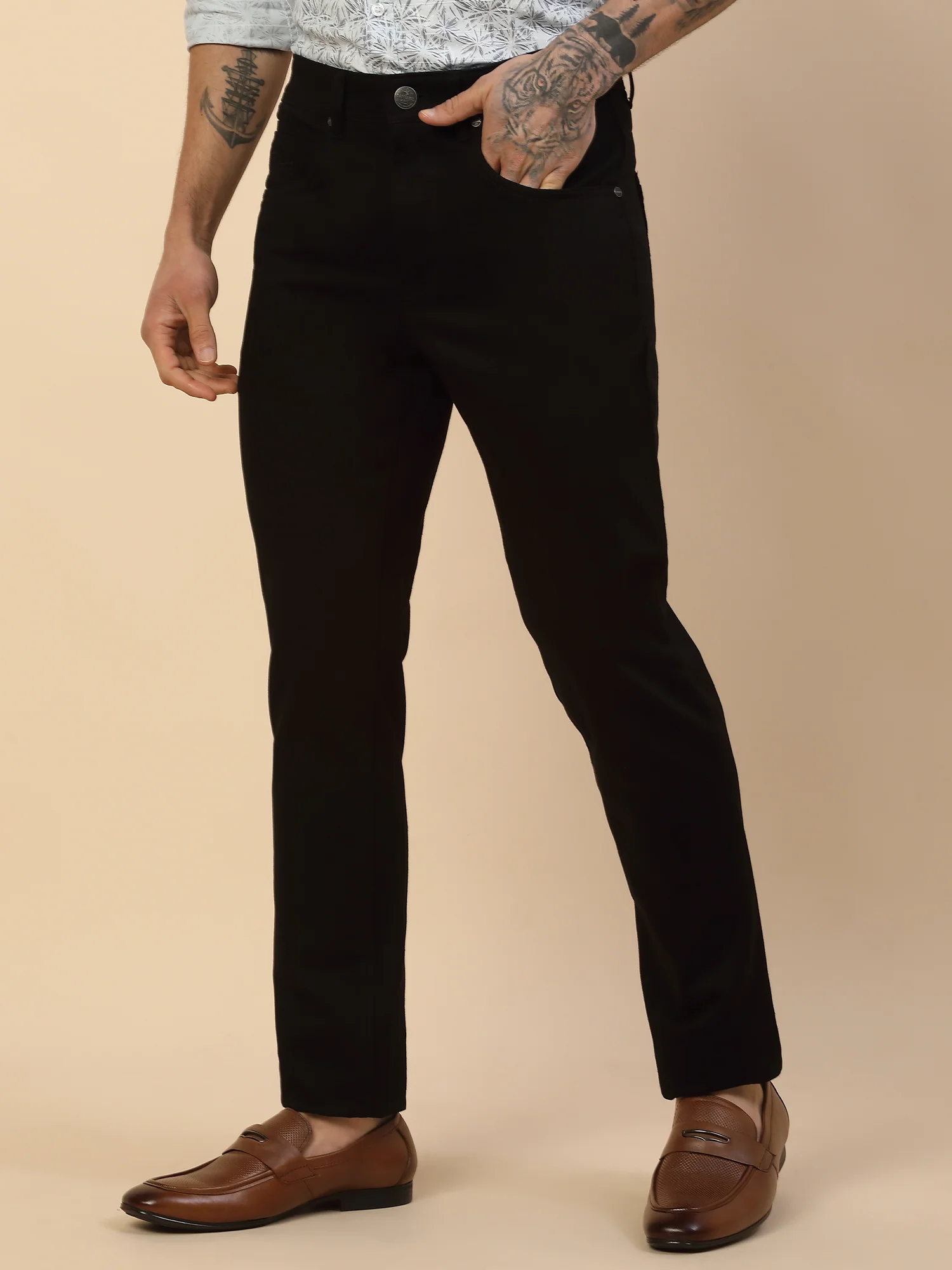 Casual Trouser for Men | Breathable & Soft with Color Fastness Regular Fit Cotton Blend Fabric Self Design Pattern Button Closure - Image 3