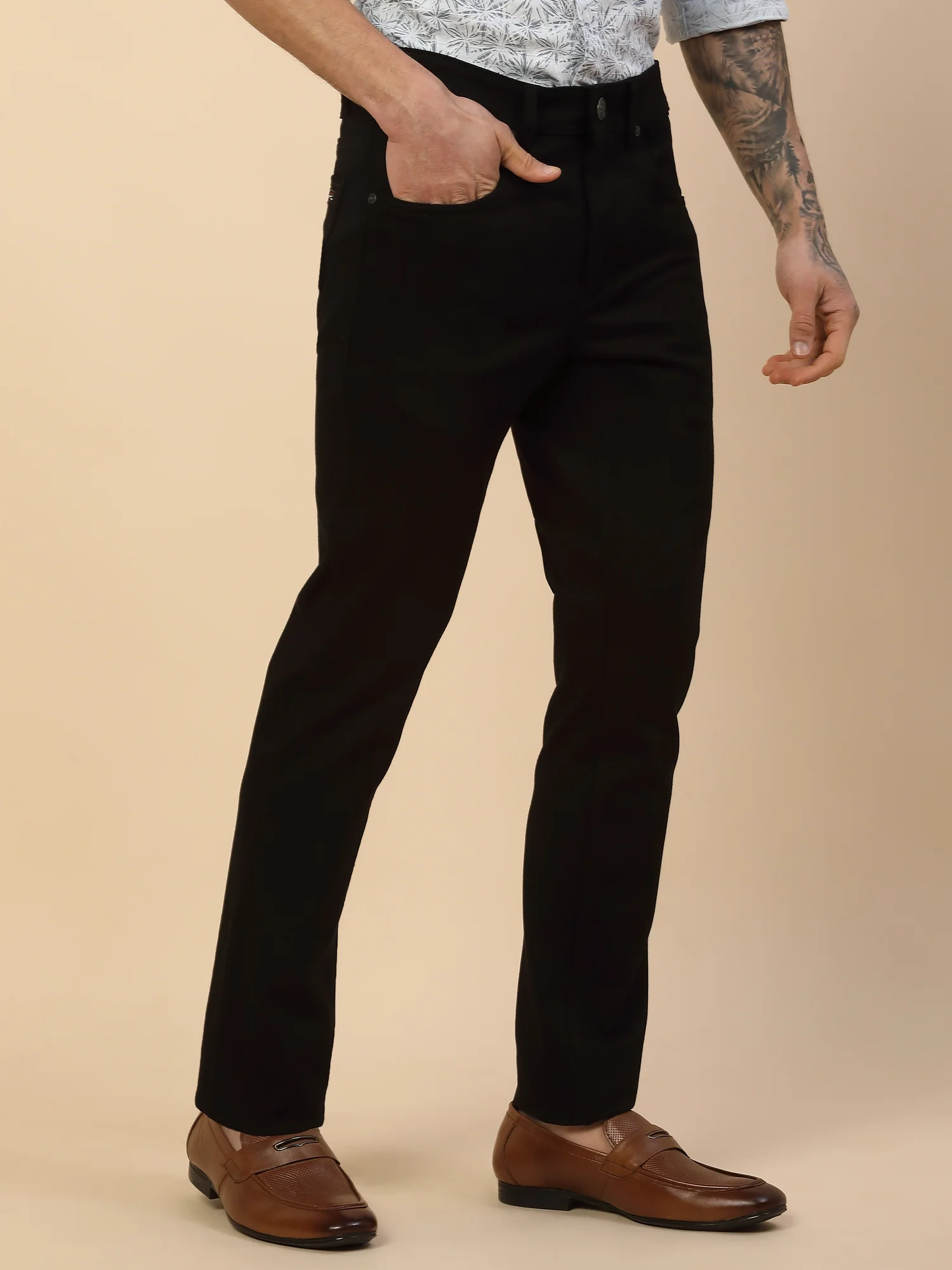 Casual Trouser for Men | Breathable & Soft with Color Fastness Regular Fit Cotton Blend Fabric Self Design Pattern Button Closure - Image 4