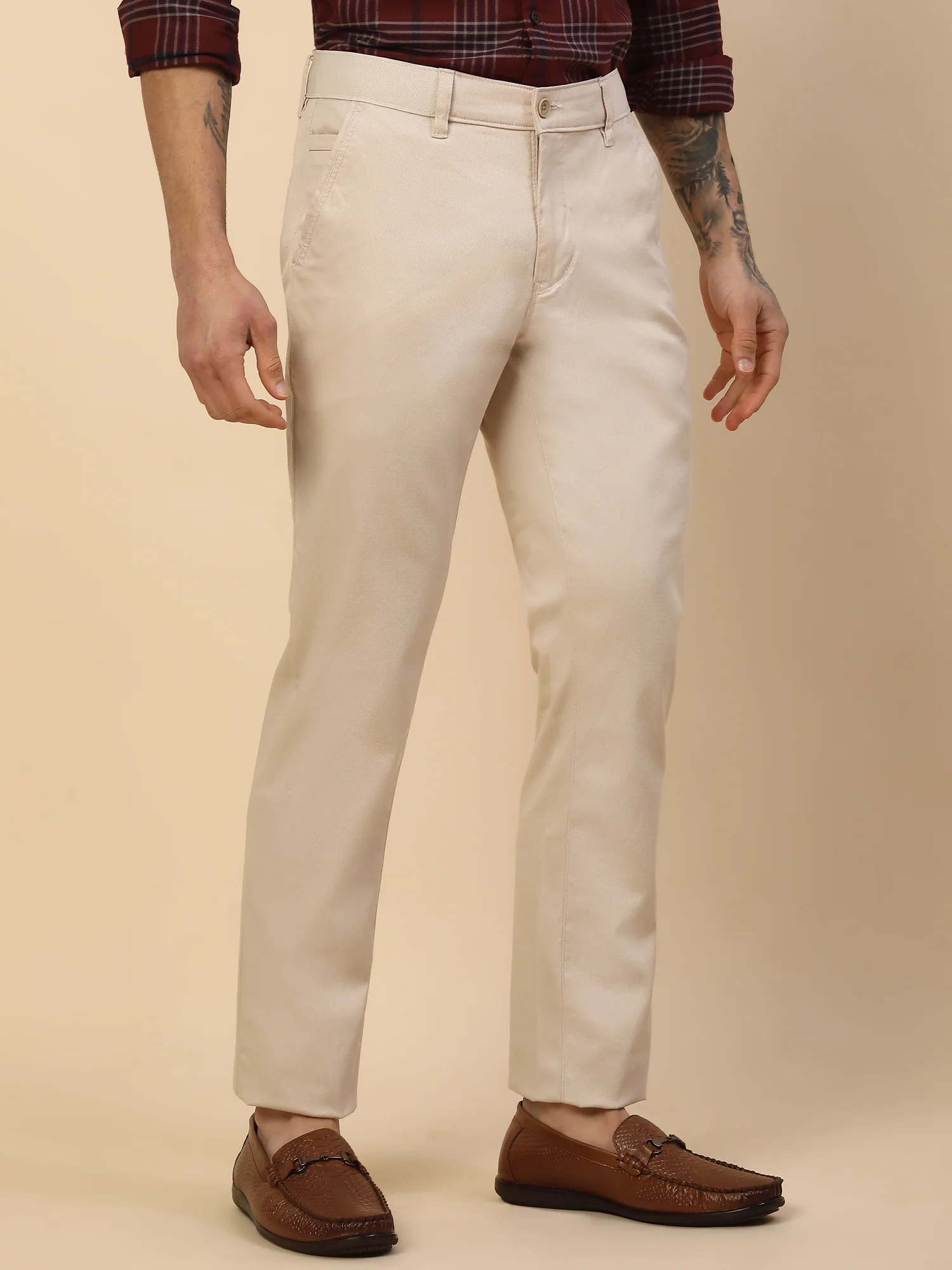 Casual Trouser for Men | Breathable & Soft with Color Fastness Regular Fit Cotton Blend Fabric Self Design Pattern Button Closure - Image 4