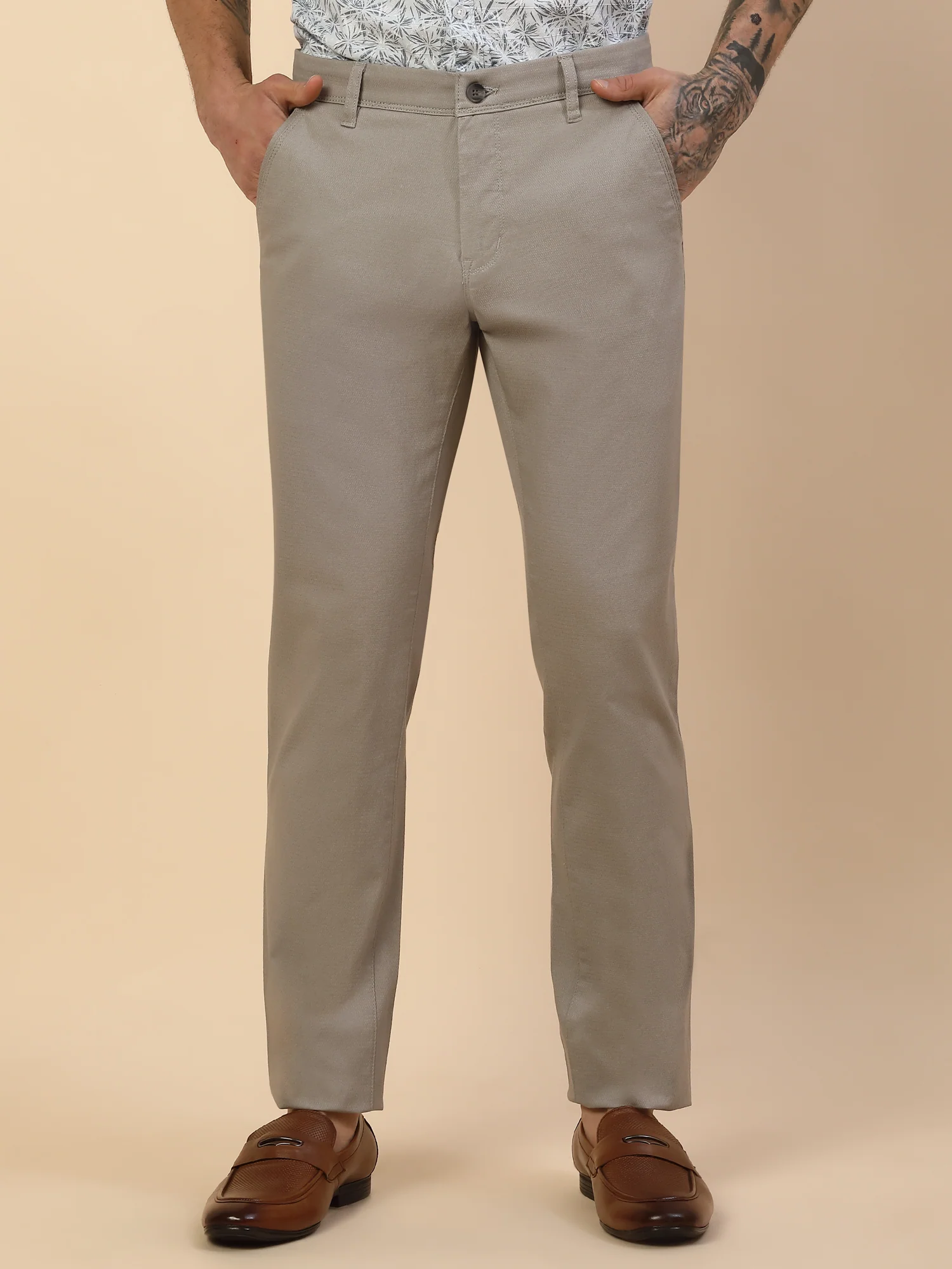 Casual Trouser for Men | Breathable & Soft with Color Fastness Regular Fit Cotton Blend Fabric Self Design Pattern Button Closure - Image 2