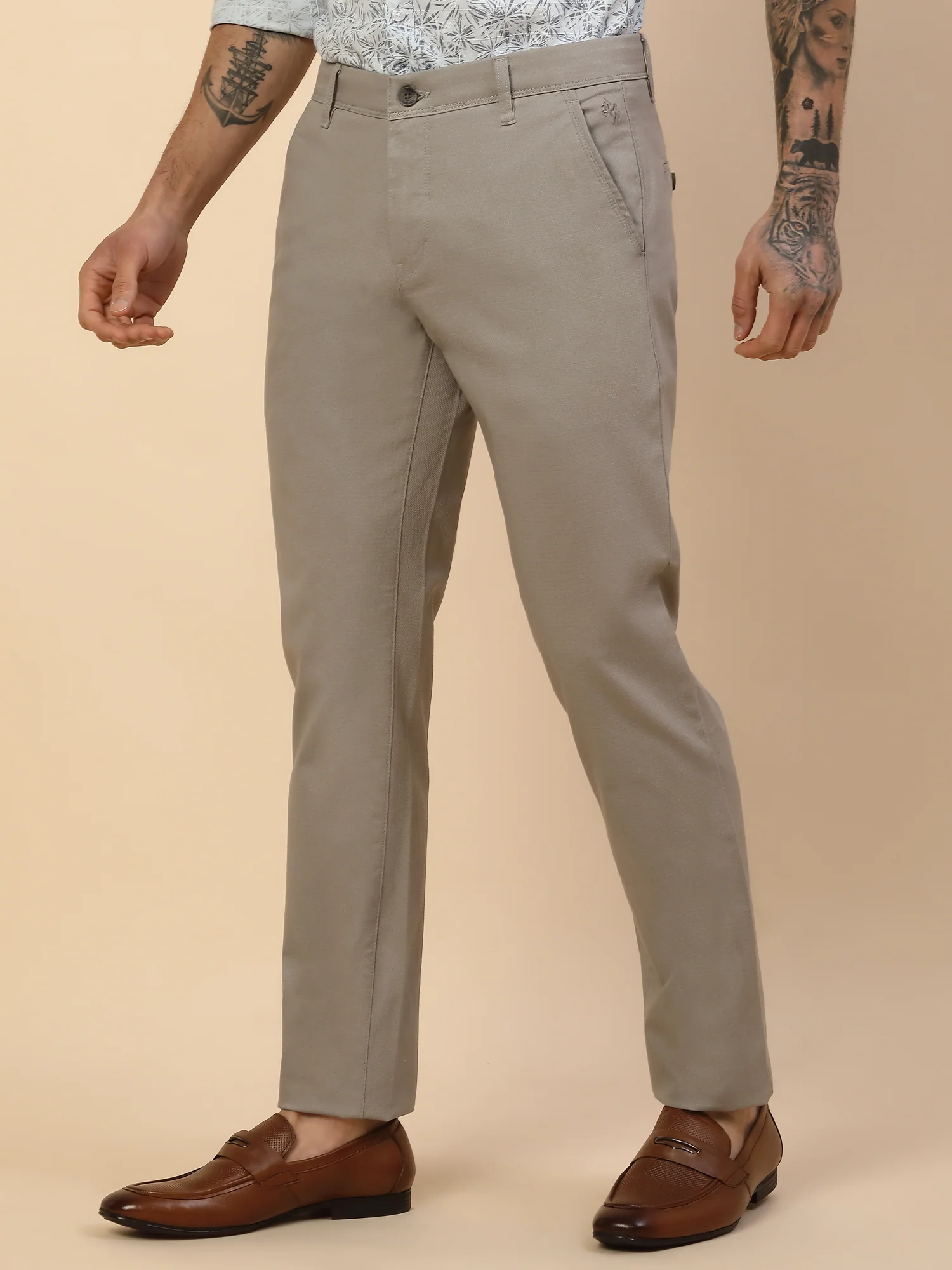 Casual Trouser for Men | Breathable & Soft with Color Fastness Regular Fit Cotton Blend Fabric Self Design Pattern Button Closure - Image 3