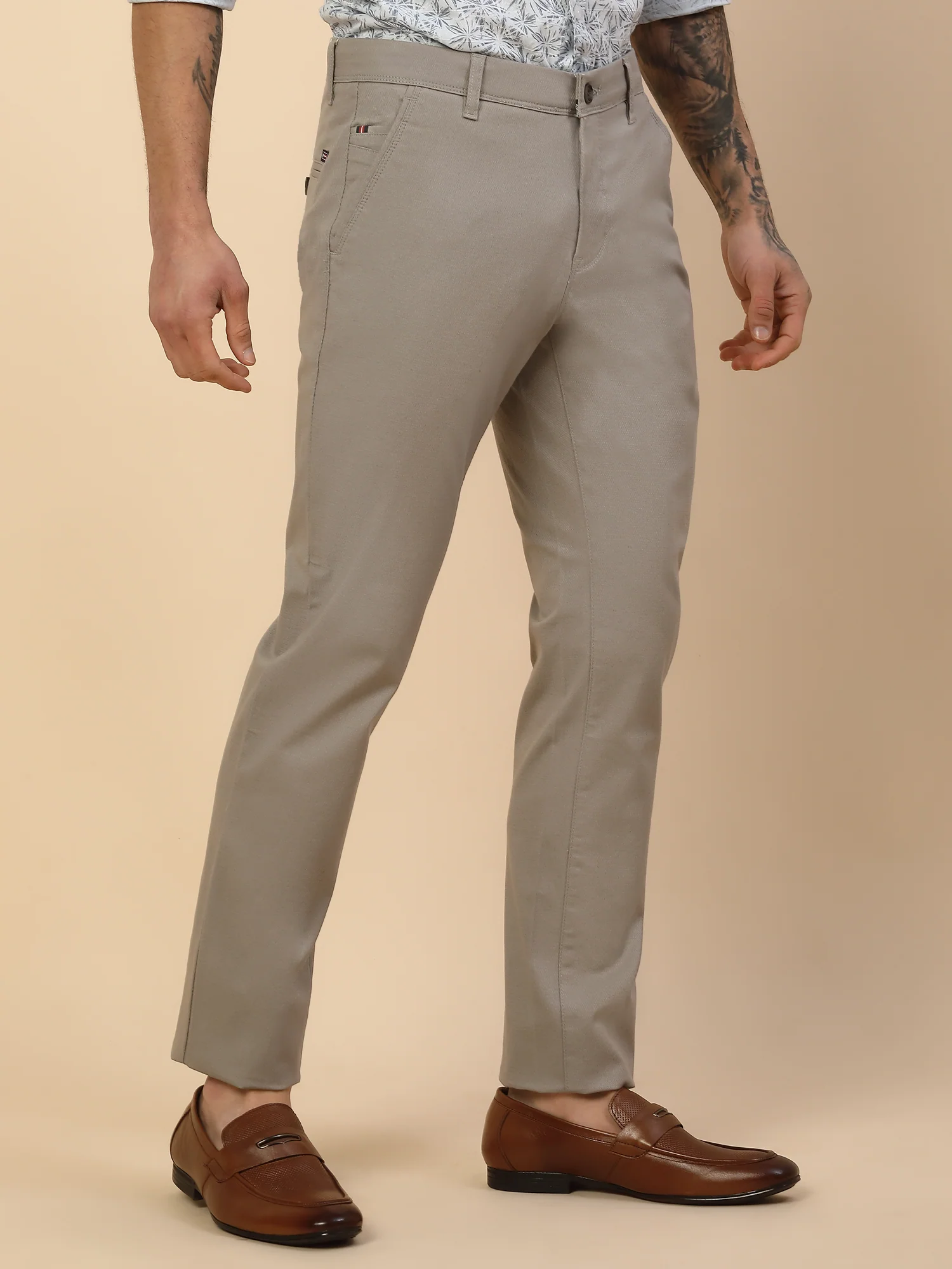 Casual Trouser for Men | Breathable & Soft with Color Fastness Regular Fit Cotton Blend Fabric Self Design Pattern Button Closure - Image 4