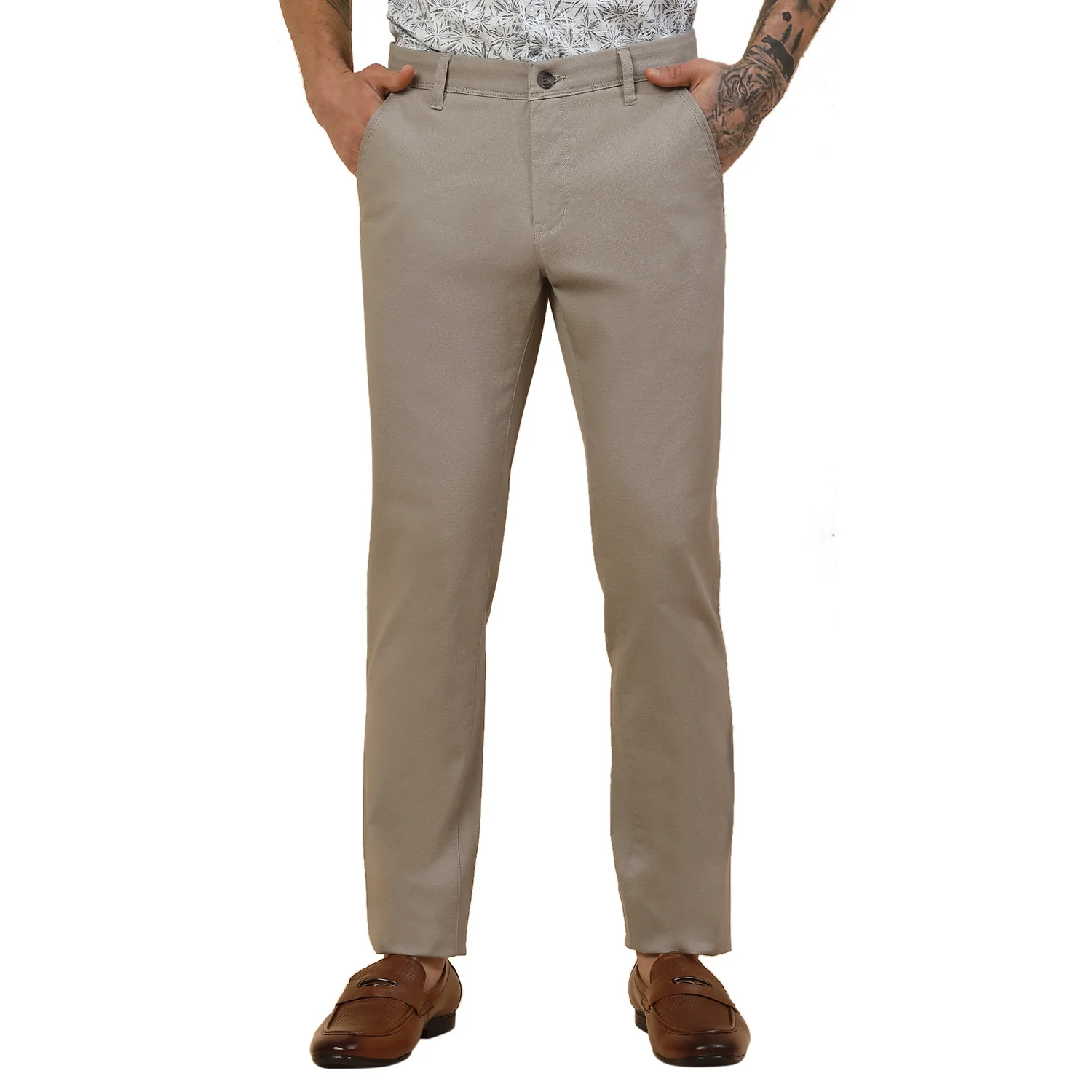Casual Trouser for Men | Breathable & Soft with Color Fastness Regular Fit Cotton Blend Fabric Self Design Pattern Button Closure - Image 7