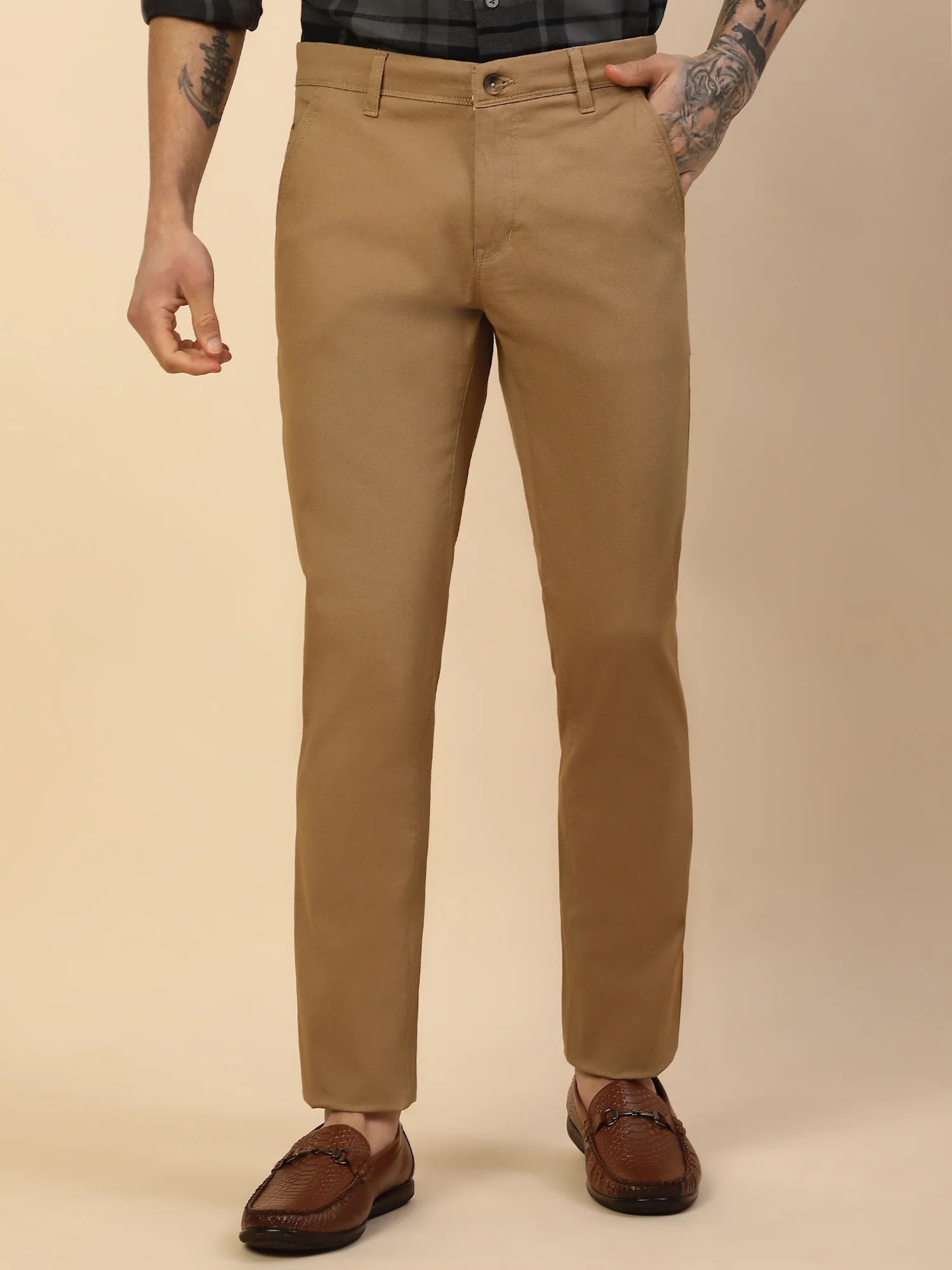 Casual Trouser for Men | Breathable & Soft with Color Fastness Regular Fit Cotton Blend Fabric Self Design Pattern Button Closure - Image 3